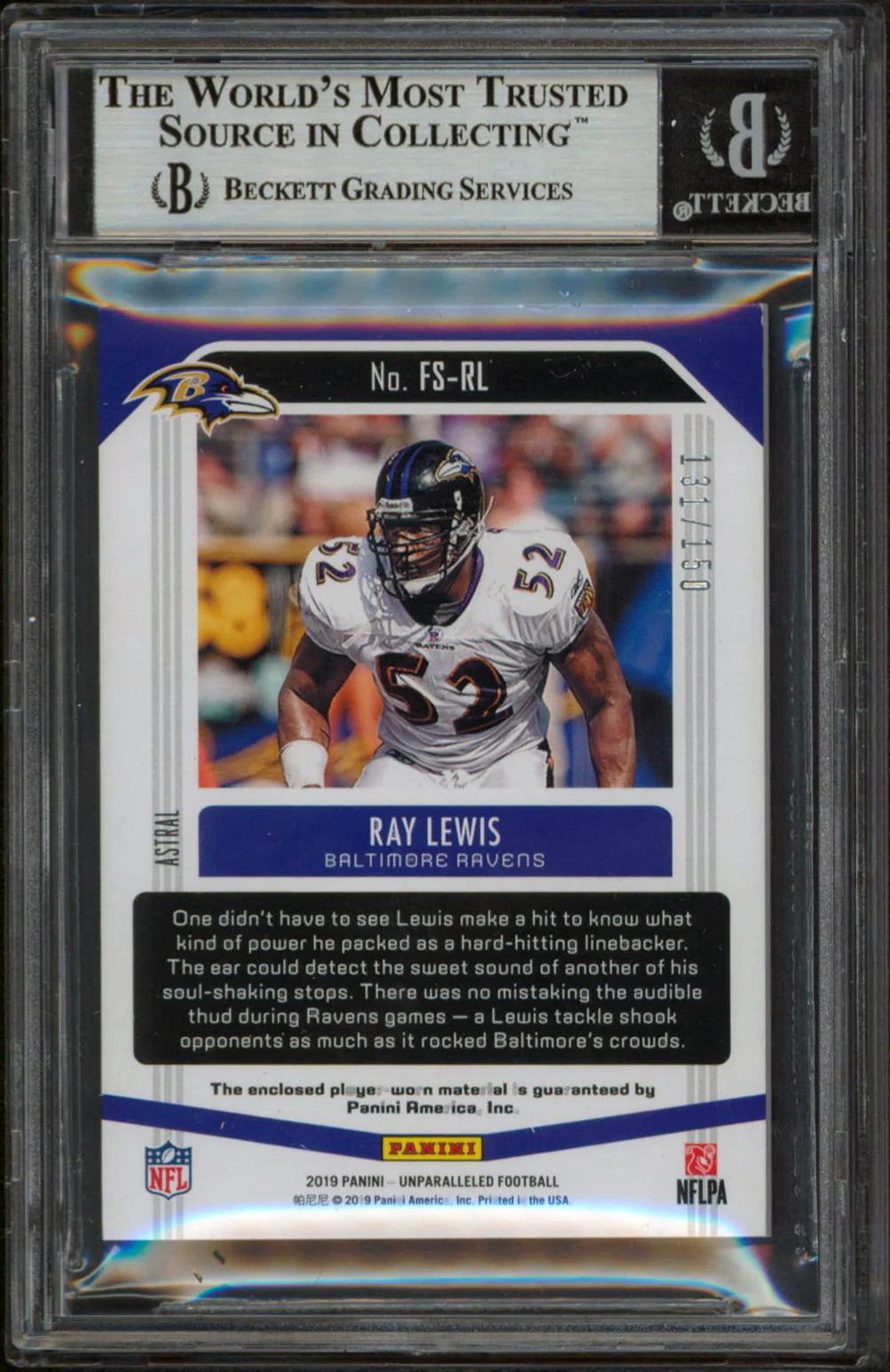 Ravens Ray Lewis Signed 2019 Panini Unparalleled FOS #4 131/150 Card BAS Slabbed - Image 3
