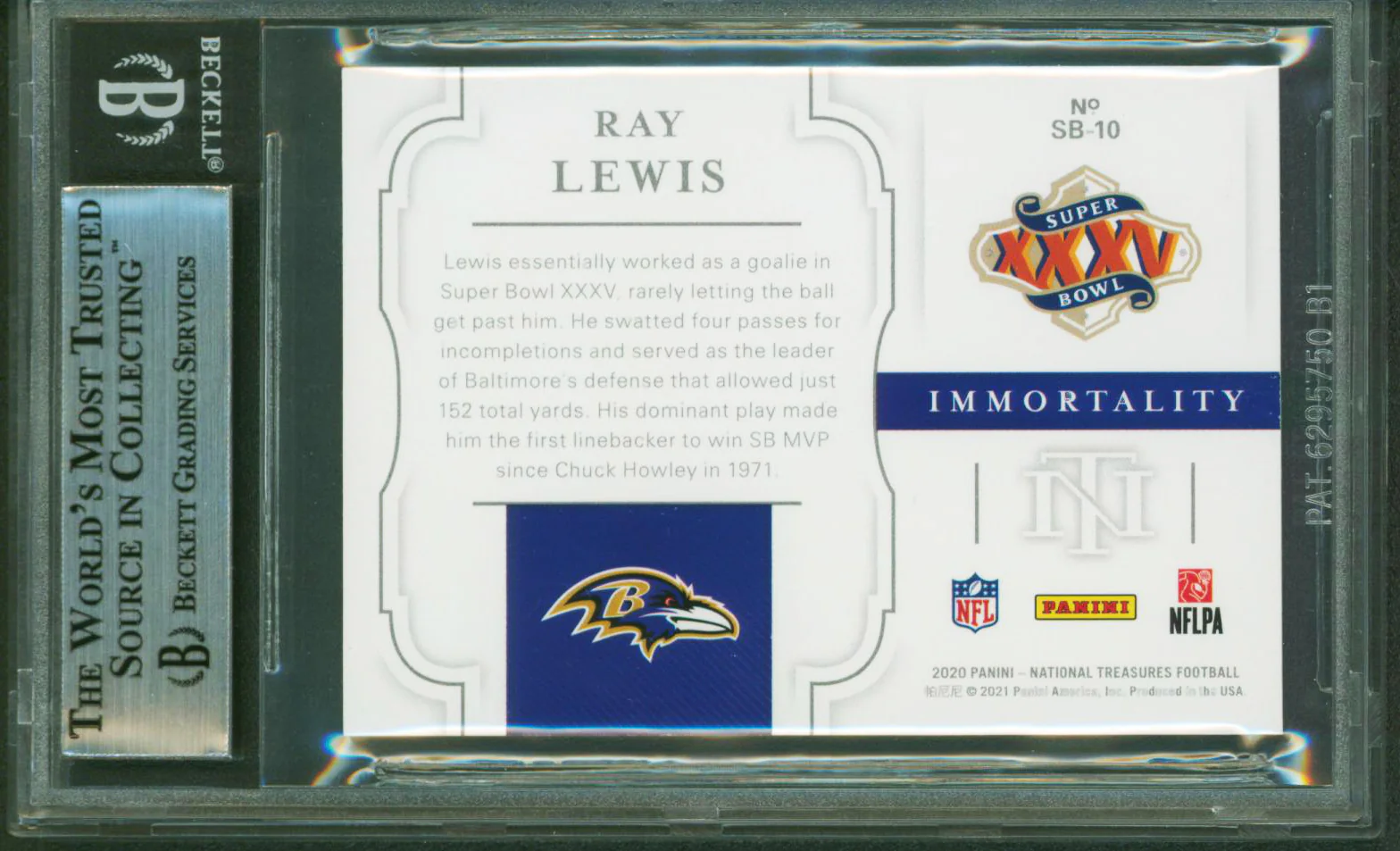 Ravens Ray Lewis Signed 2020 National Treasures SB Immortality #10 Card BAS Slab - Image 3