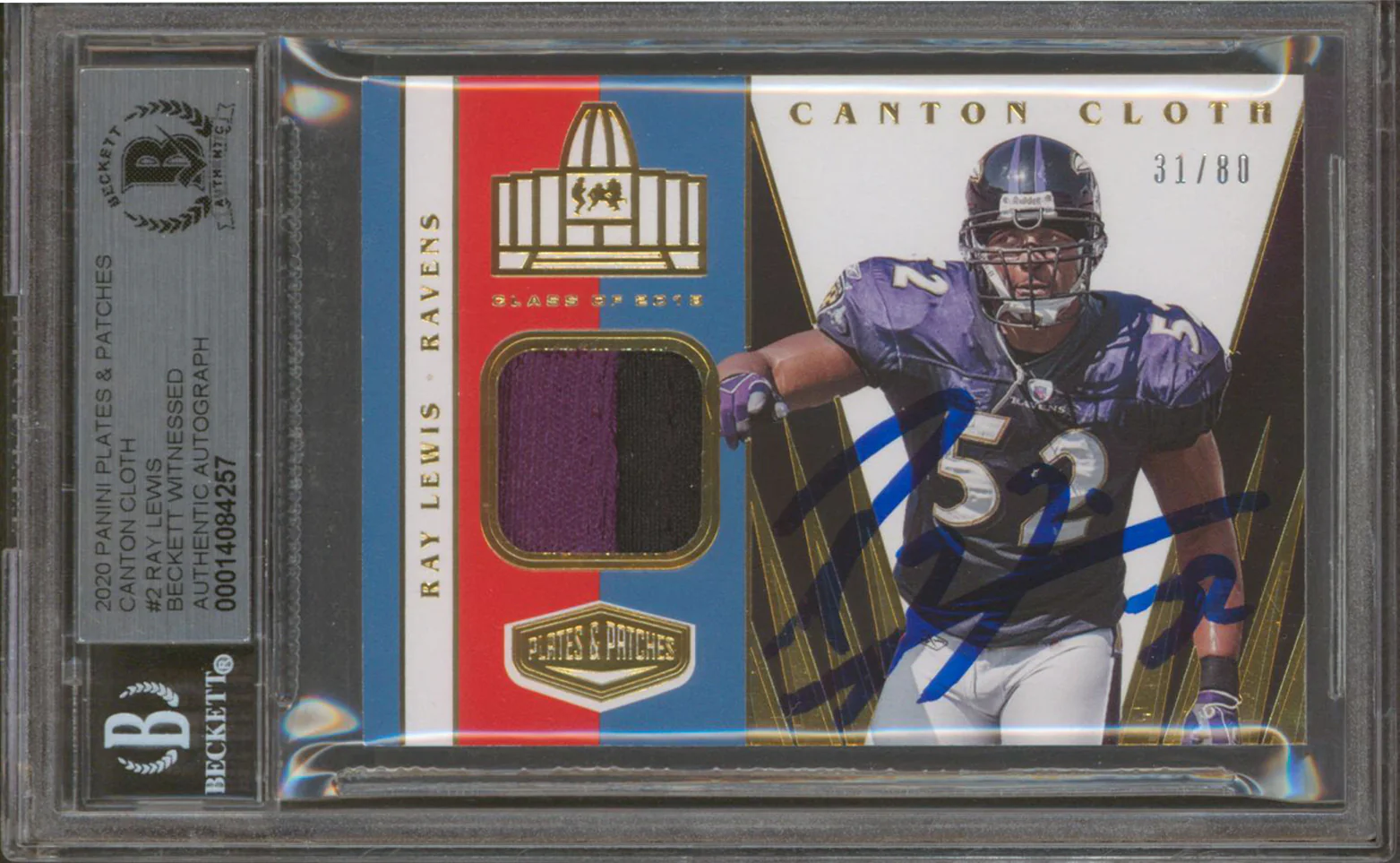 Ravens Ray Lewis Signed 2020 Panini P&P CC #2 31/80 Card Auto Gem 10! BAS Slab - Image 2