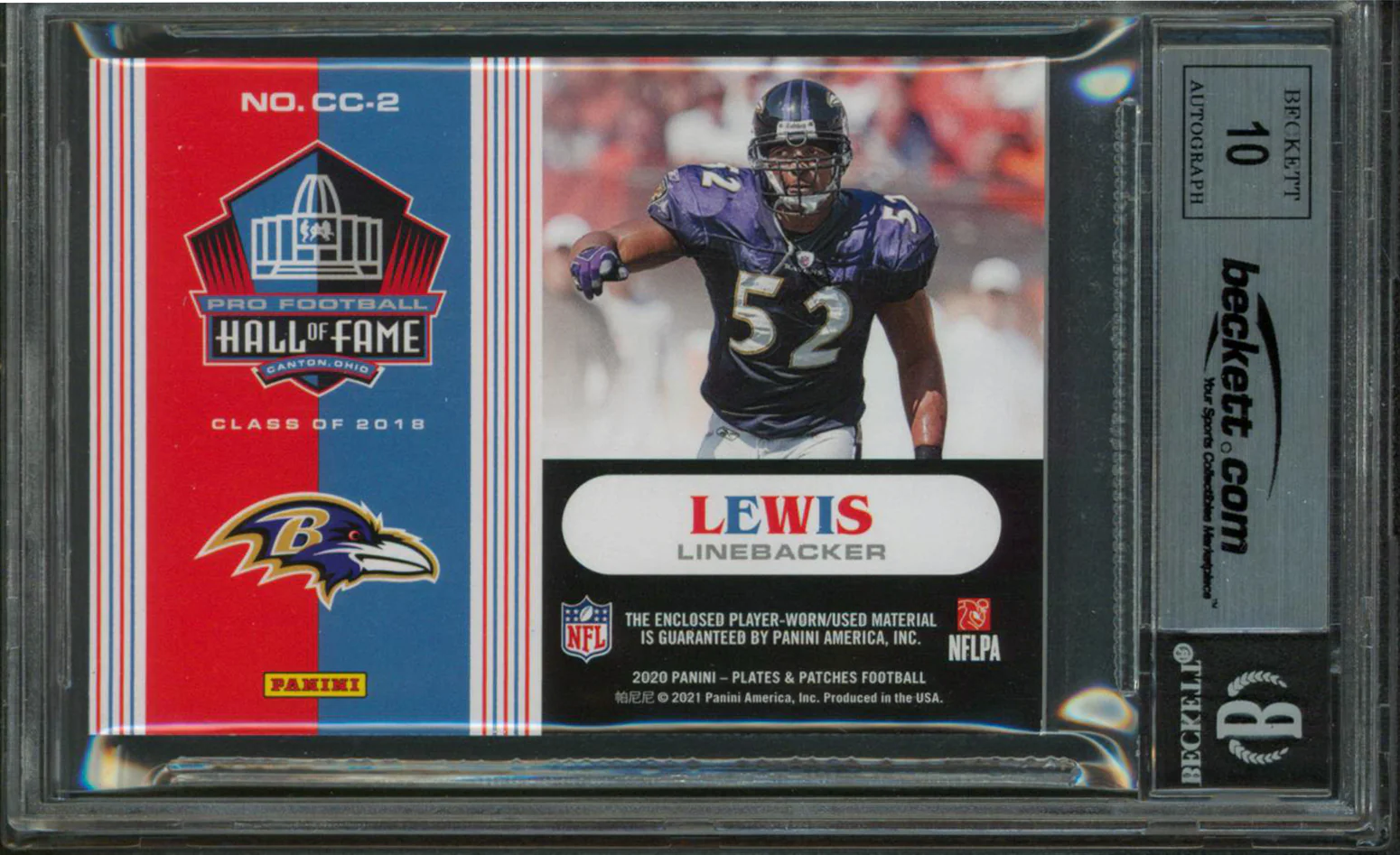 Ravens Ray Lewis Signed 2020 Panini P&P CC #2 31/80 Card Auto Gem 10! BAS Slab - Image 3