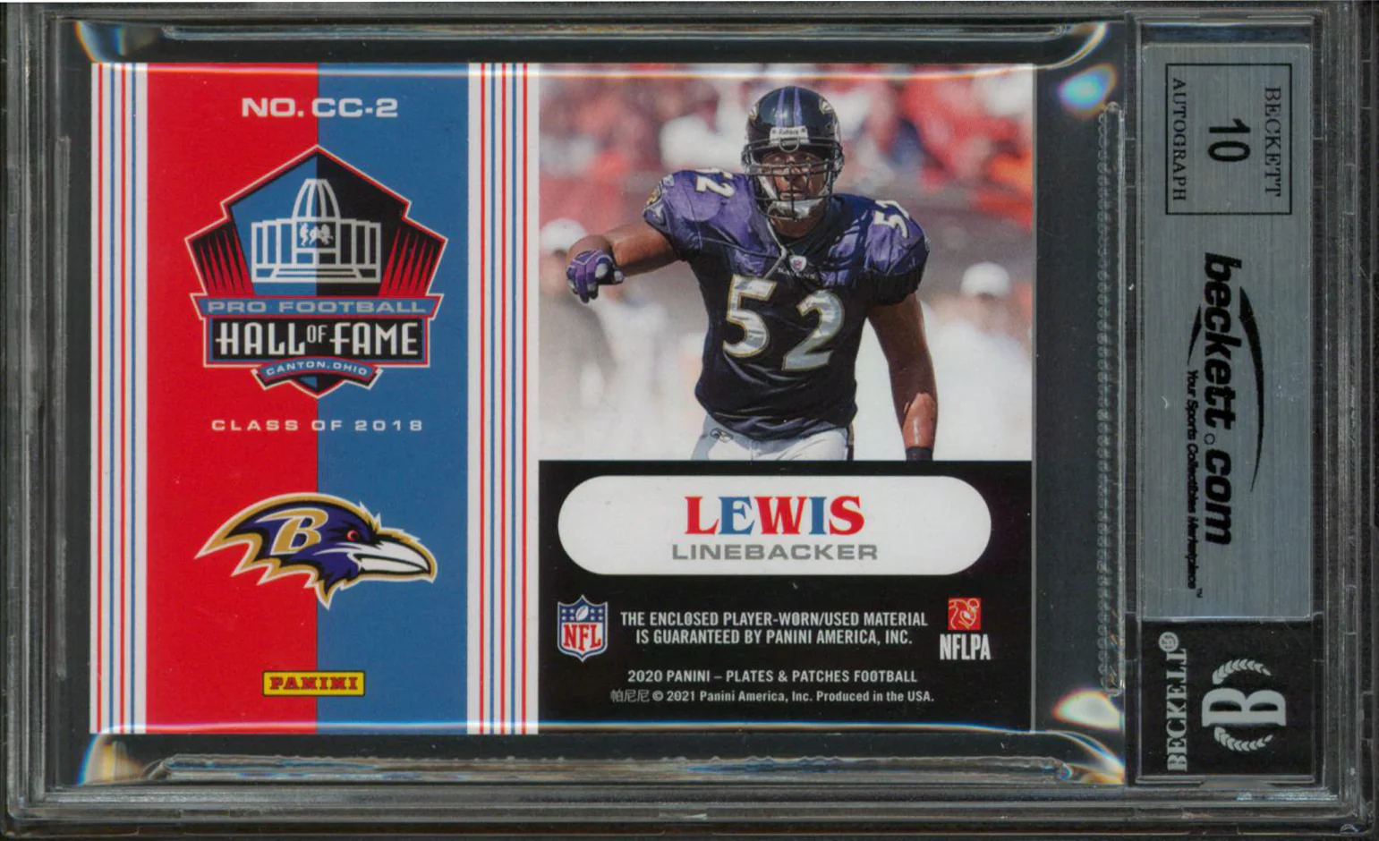 Ravens Ray Lewis Signed 2020 Panini P&P CC #2 36/80 Card Auto Gem 10! BAS Slab - Image 3