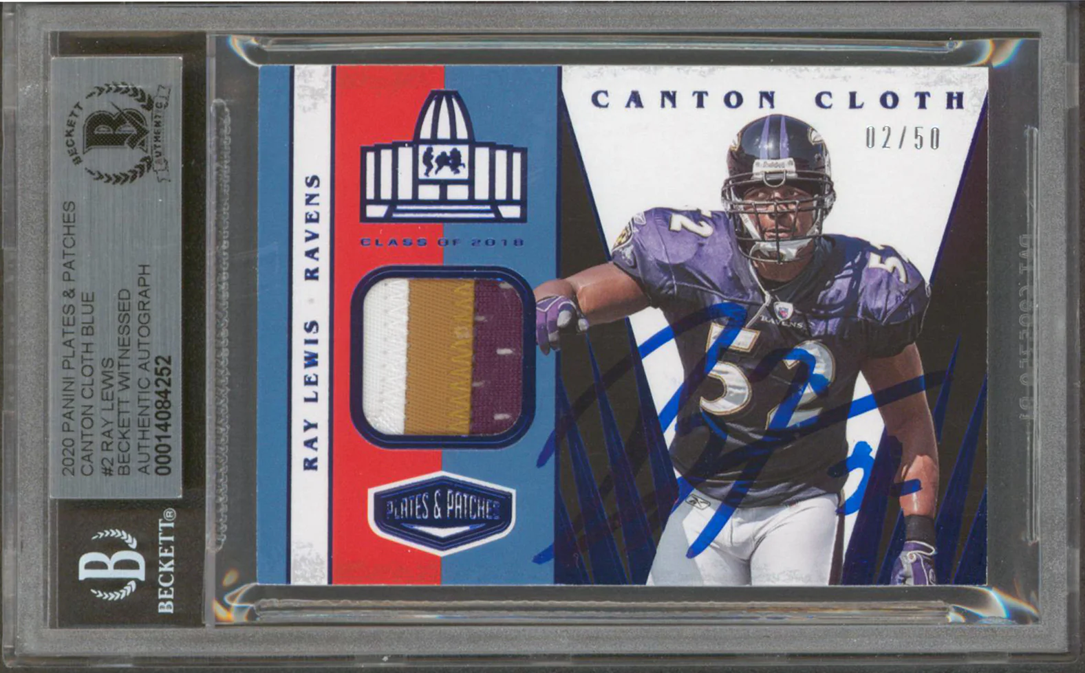 Ravens Ray Lewis Signed 2020 Panini P&P CC Blue #2 2/50 Card Auto 10! BAS Slab - Image 2