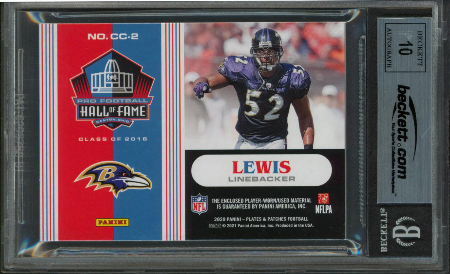 Ravens Ray Lewis Signed 2020 Panini P&P CC Blue #2 2/50 Card Auto 10! BAS Slab - Image 3