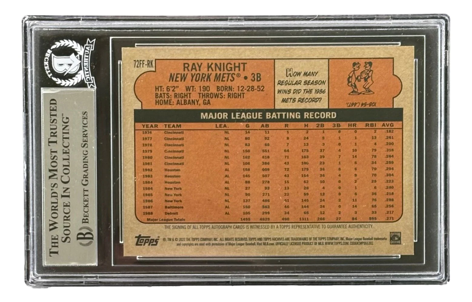 Ray Knight Signed 2022 Topps Archives #72FFRK New York Mets Trading Card BAS - Image 2