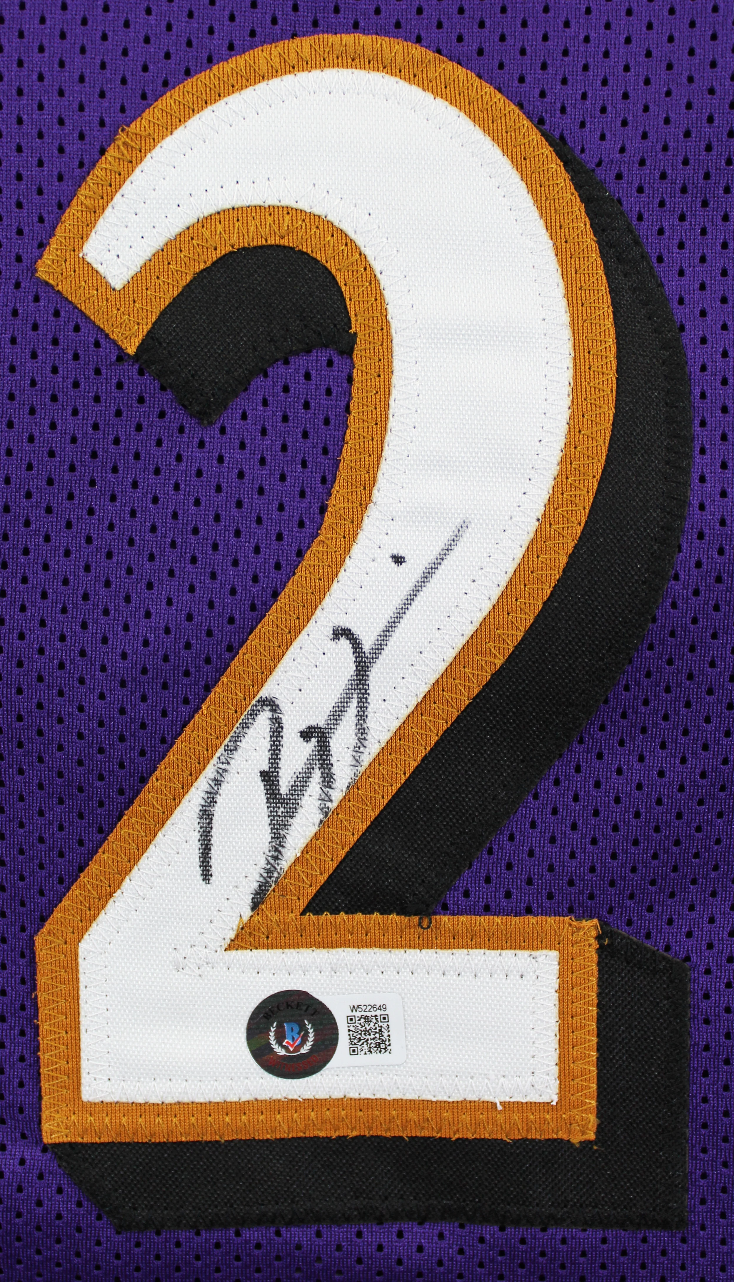 Ray Lewis & Joe Flacco Authentic Signed Purple Pro Style Jersey BAS Witnessed - Image 3