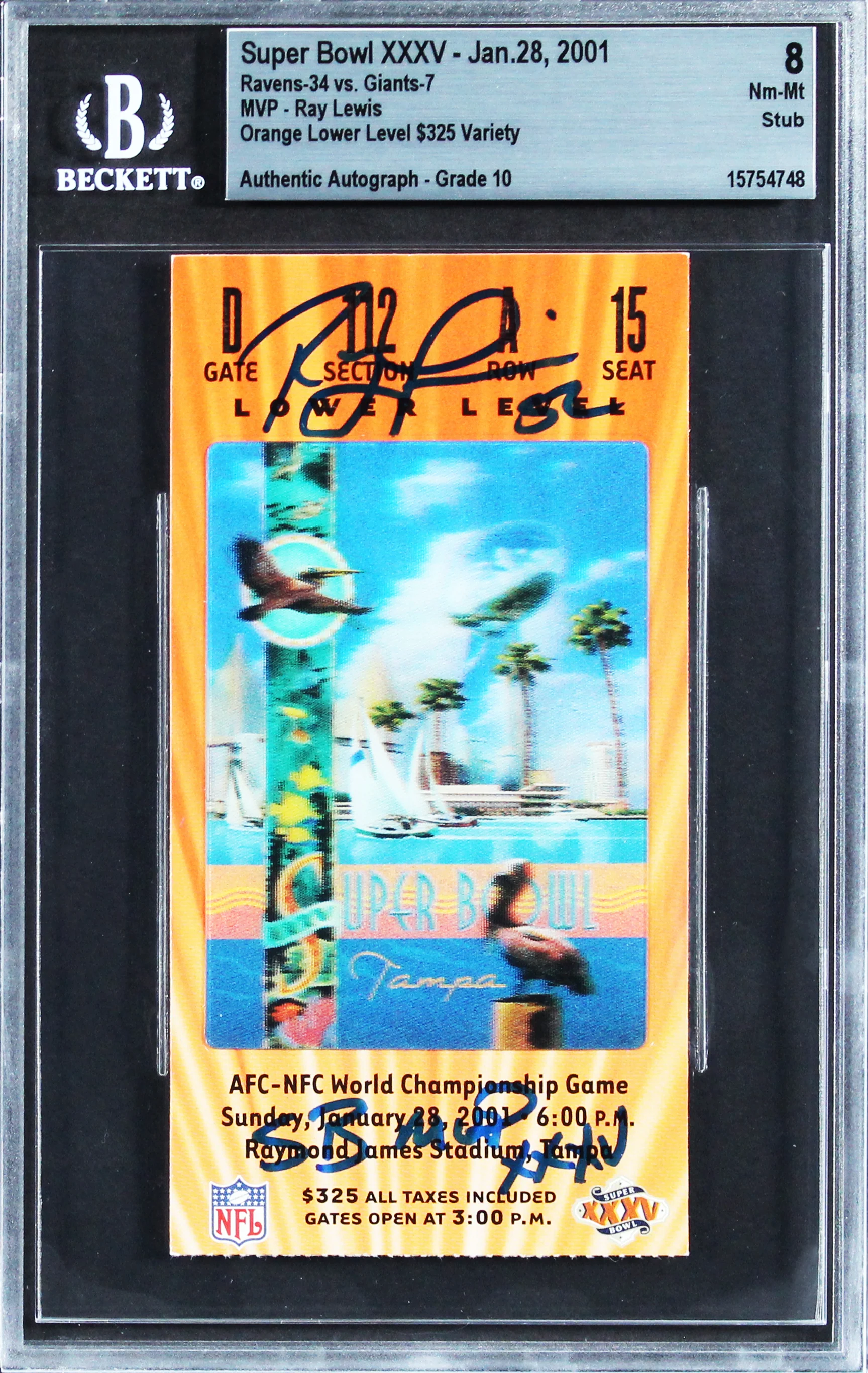 Ray Lewis "SB MVP XXXV" Signed SB XXXV Ticket Stub Ticket 8 Auto 10! BAS Slabbed - Image 2