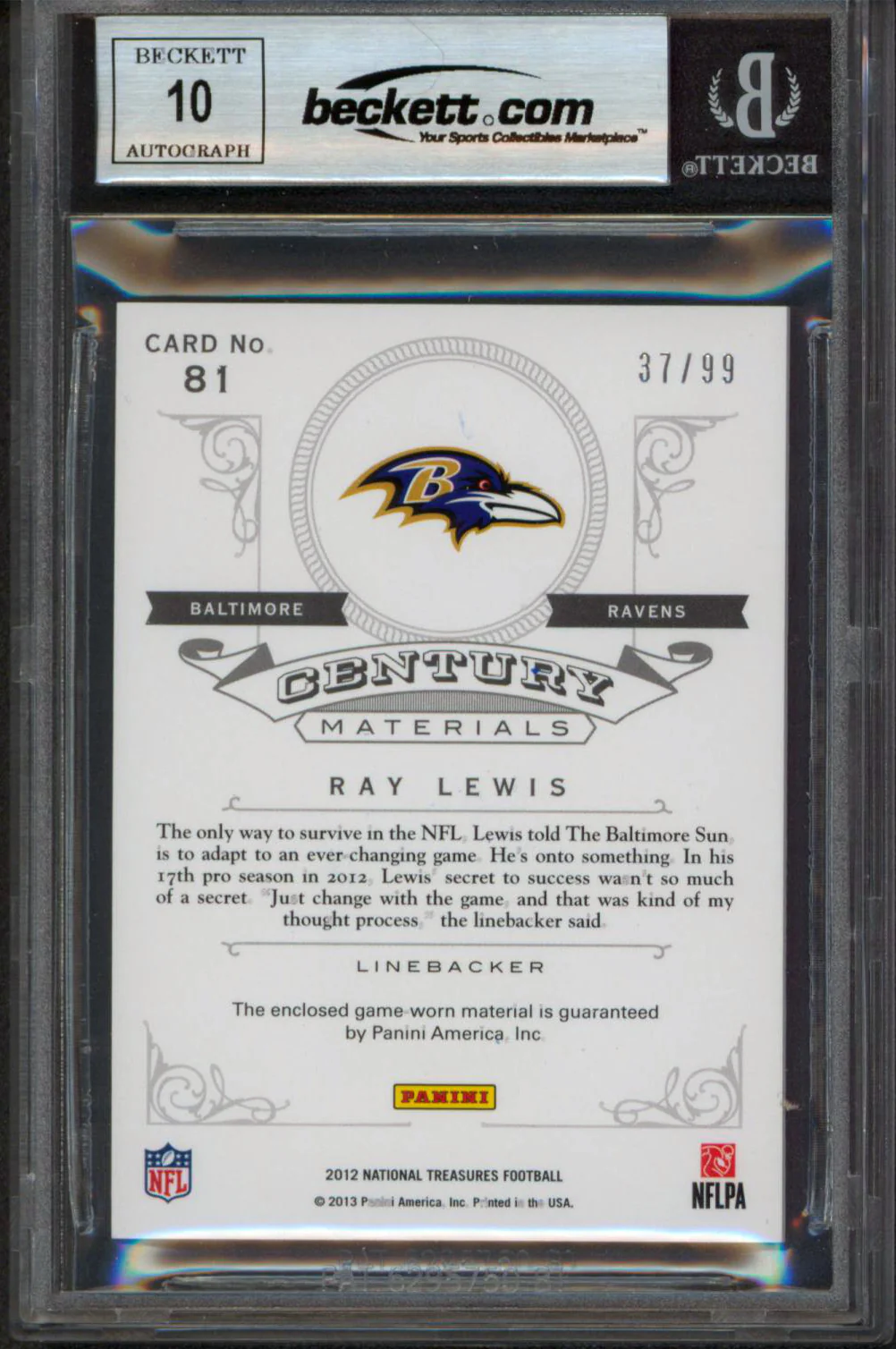 Ray Lewis Signed 2012 National Treasures Century #81 37/99 Card Auto 10 BAS Slab - Image 3