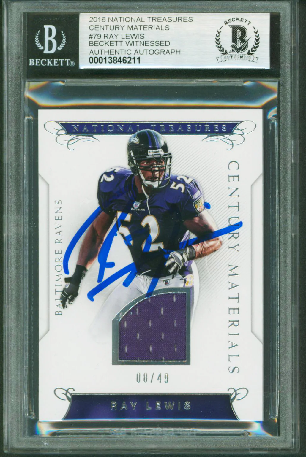 Ray Lewis Signed 2016 National Treasures Cent #79 08/49 Card Auto 10! BAS Slab - Image 2