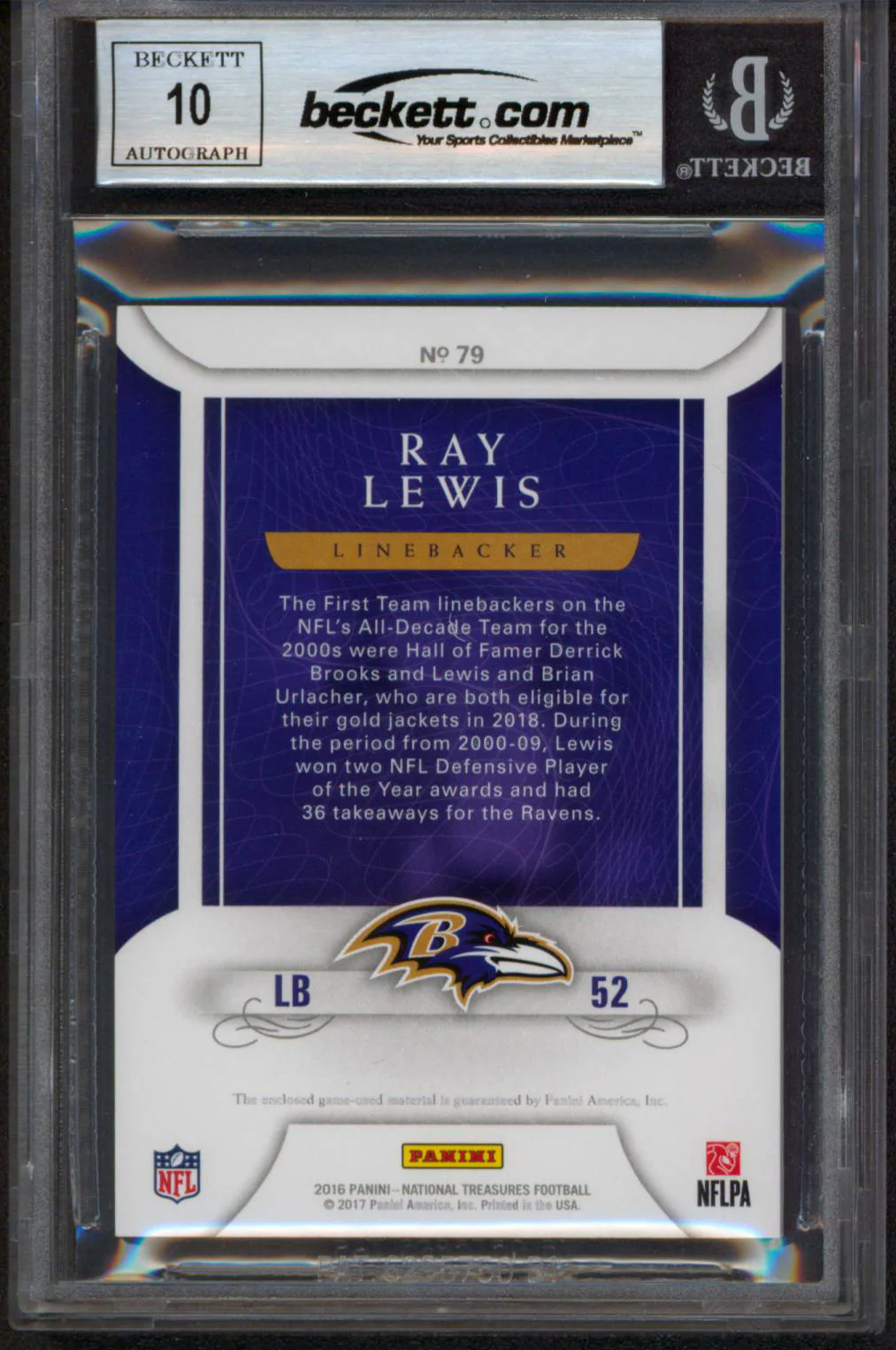 Ray Lewis Signed 2016 National Treasures Cent #79 08/49 Card Auto 10! BAS Slab - Image 3