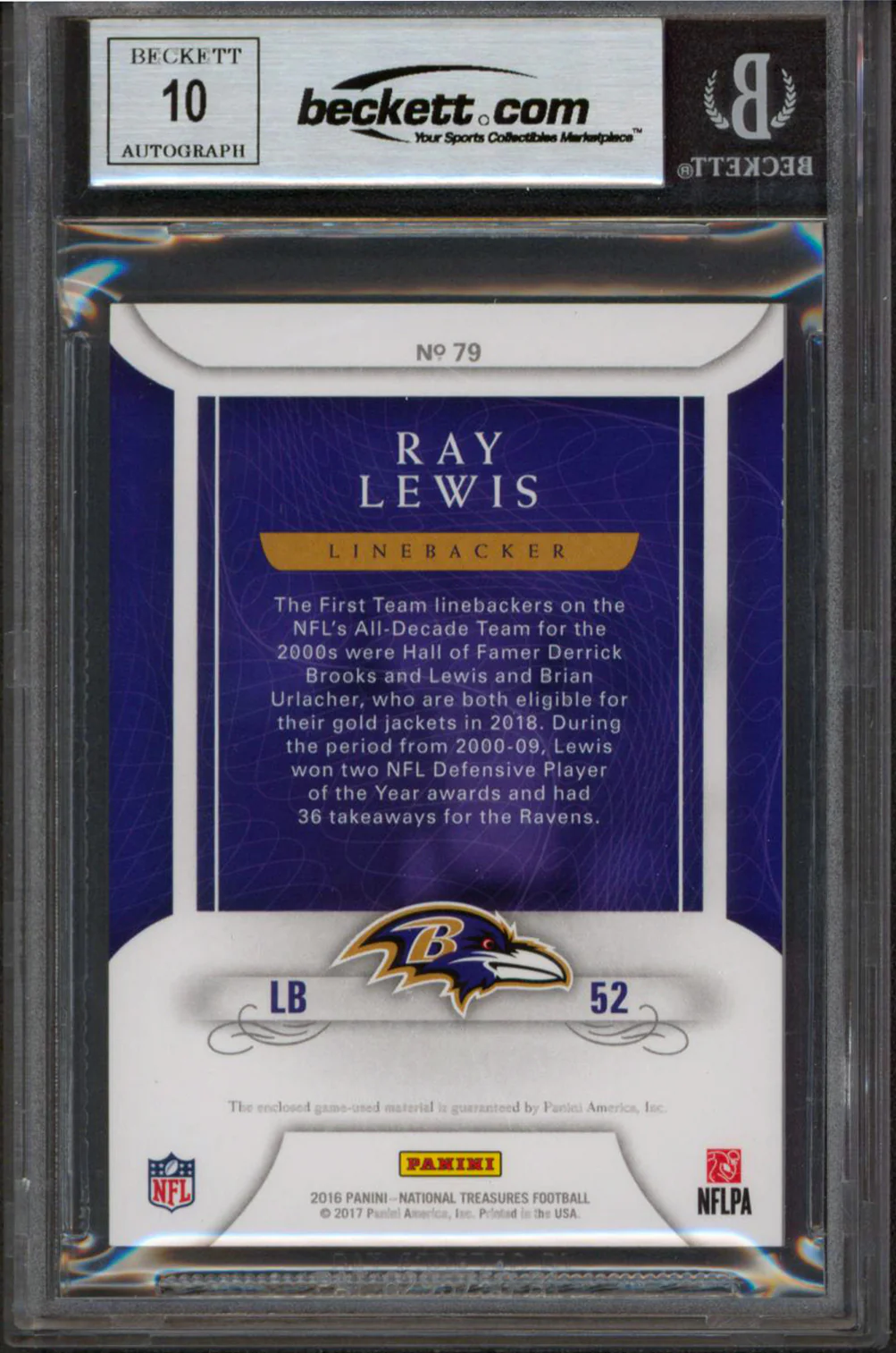 Ray Lewis Signed 2016 National Treasures CM #79 12/49 Card Auto 10! BAS Slabbed - Image 3