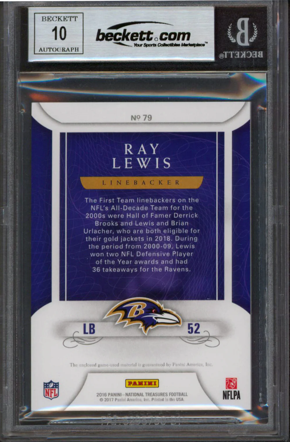 Ray Lewis Signed 2016 National Treasures CM #79 #24/49 Card Auto 10! BAS Slabbed - Image 3