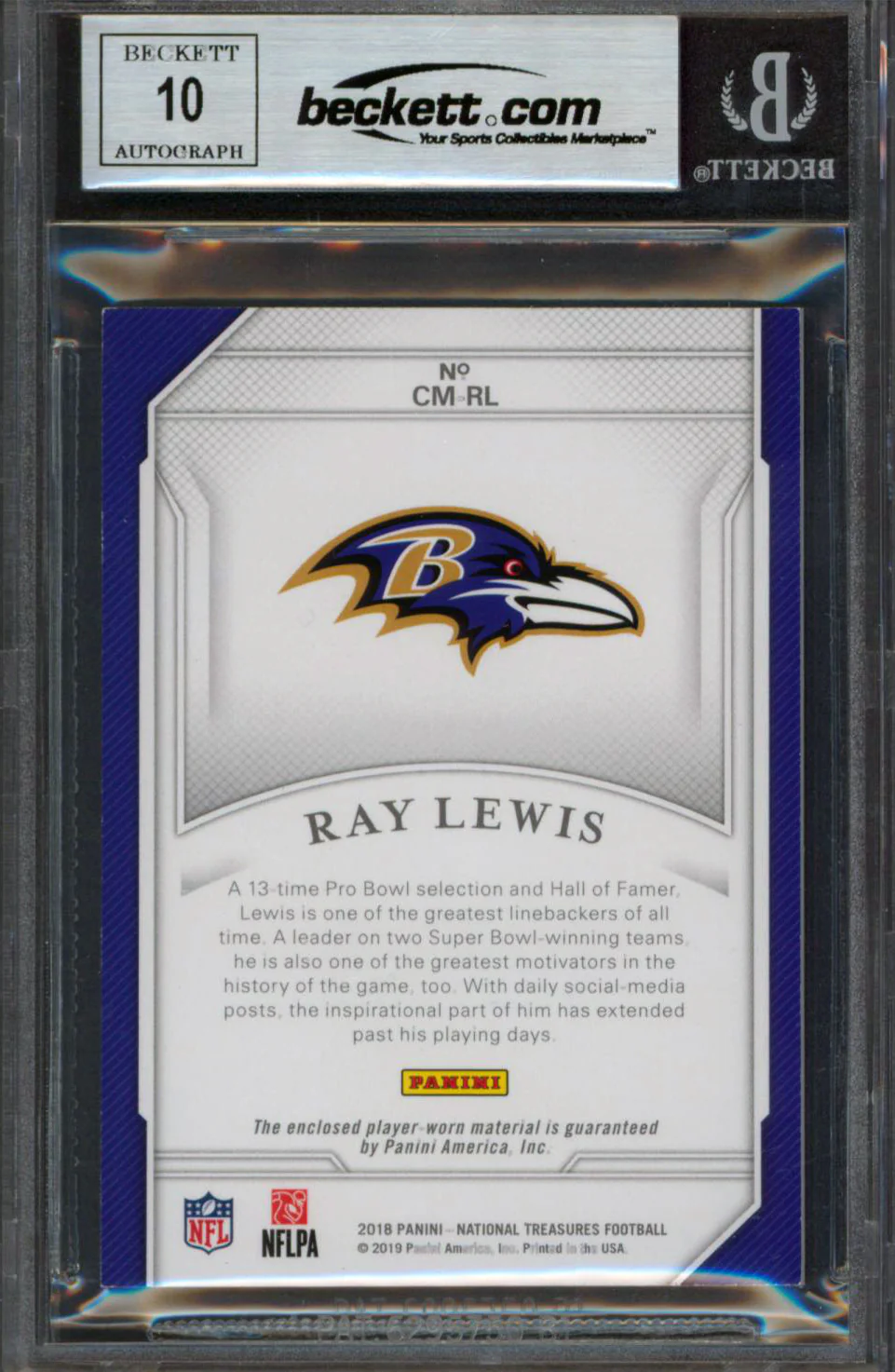 Ray Lewis Signed 2018 National Treasures CM #9 74/99 Card Auto 10! BAS Slabbed - Image 3