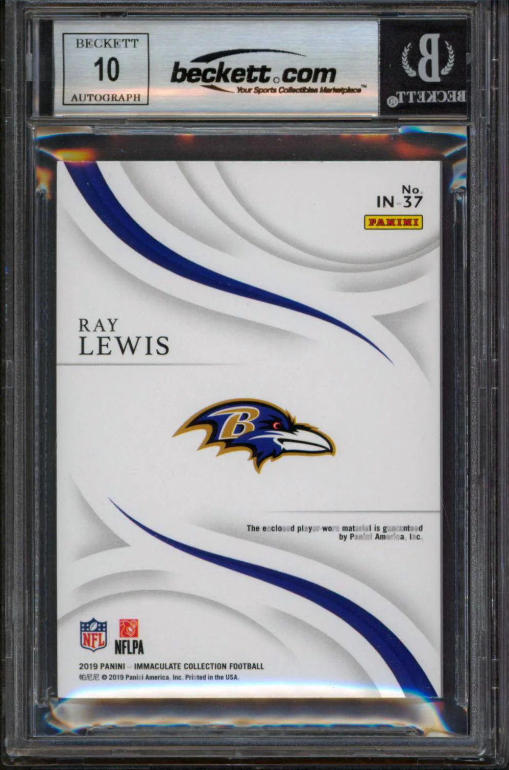 Ray Lewis Signed 2019 Immaculate Collection #37 20/52 Card Auto 10! BAS Slabbed - Image 3