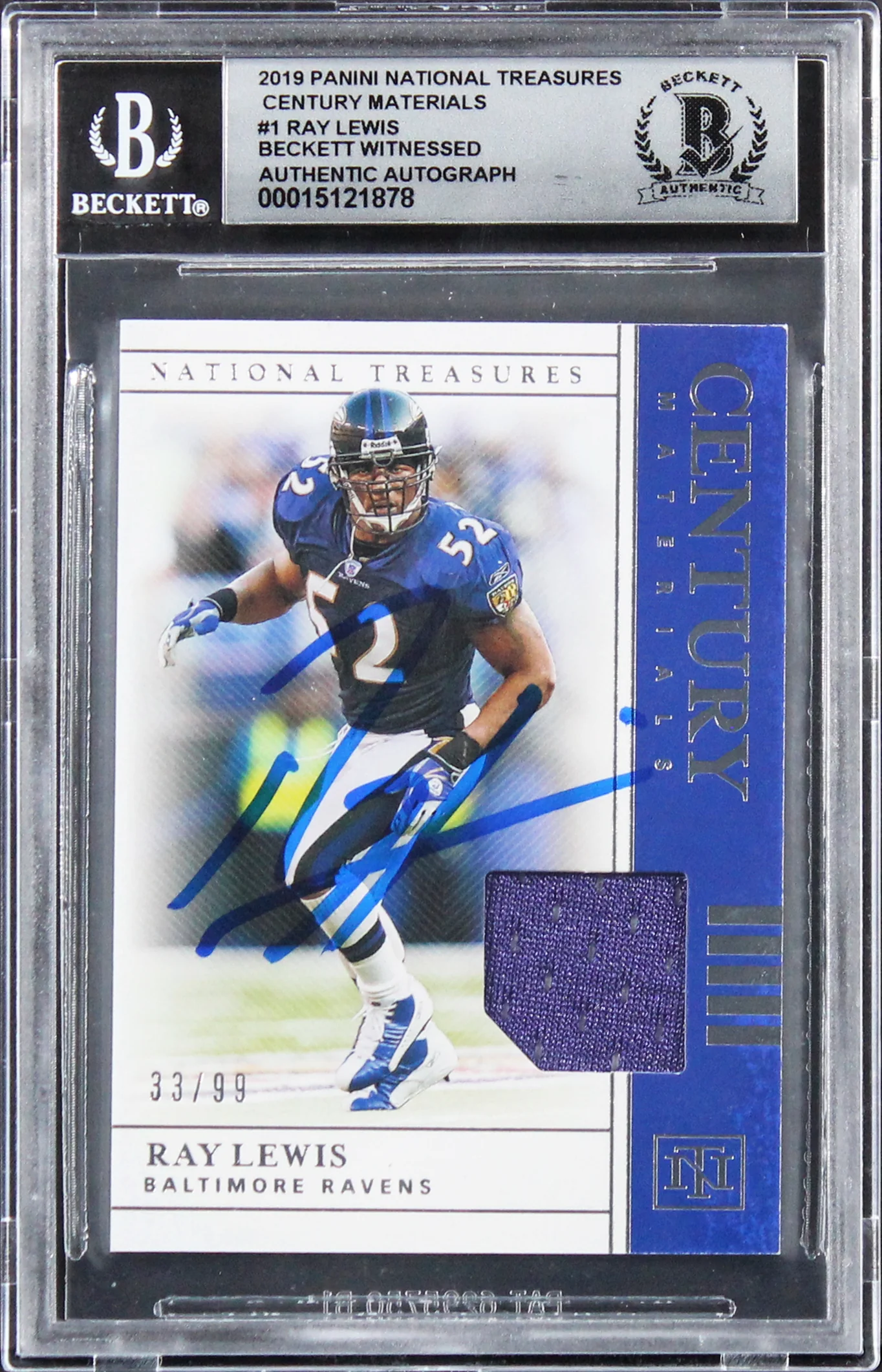 Ray Lewis Signed 2019 National Treasures CM #1 33/99 Card Auto 10! BAS Slabbed - Image 2