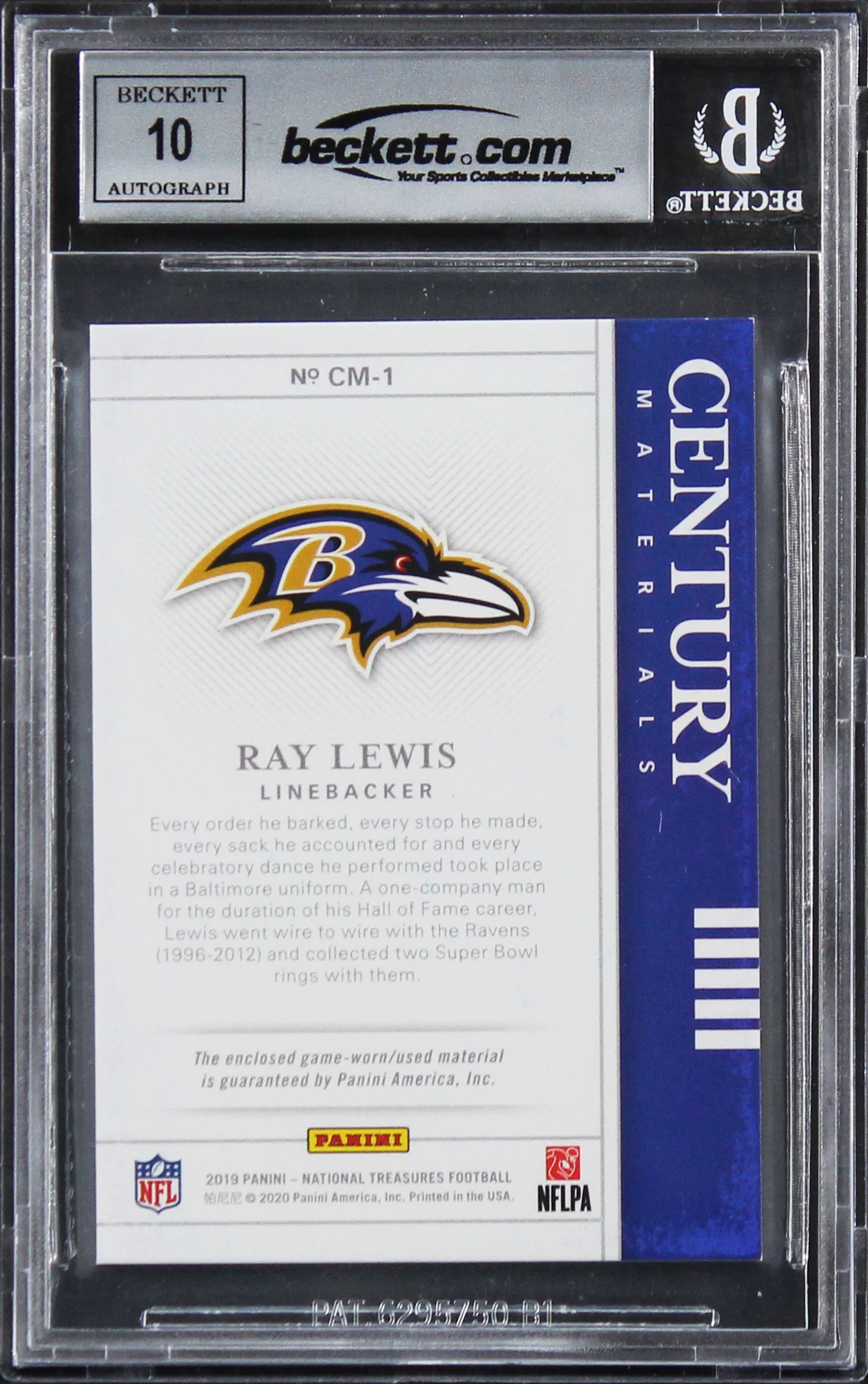 Ray Lewis Signed 2019 National Treasures CM #1 33/99 Card Auto 10! BAS Slabbed - Image 3