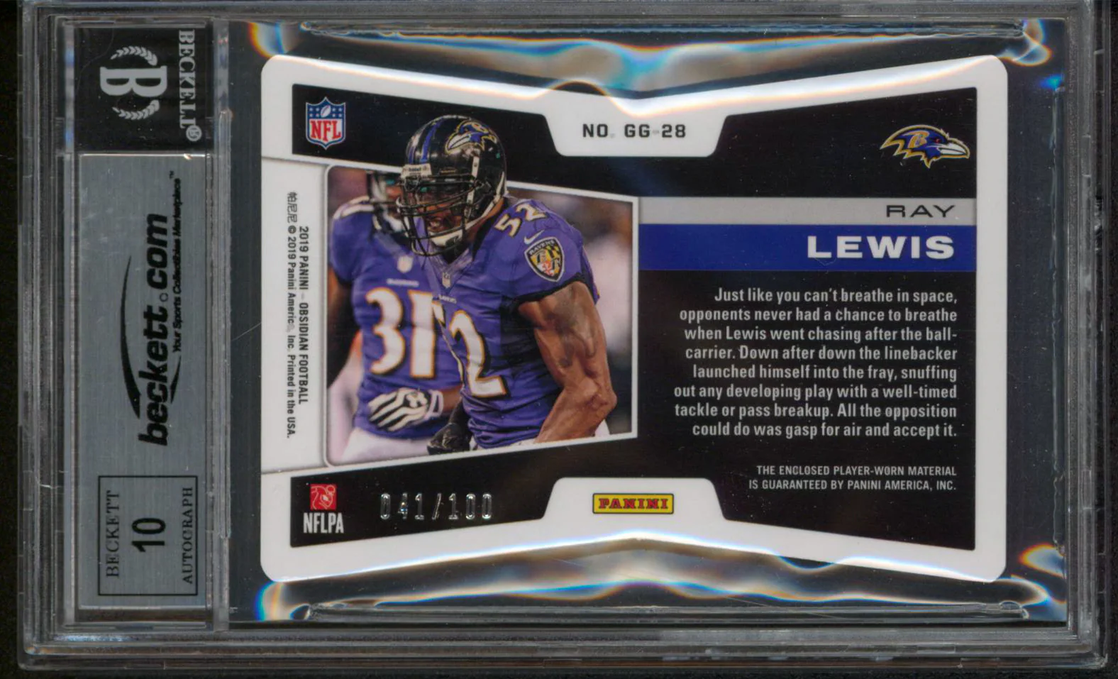 Ray Lewis Signed 2019 Panini Obsidian Galaxy Gear Mat #28 Card Auto 10! BAS Slab - Image 3