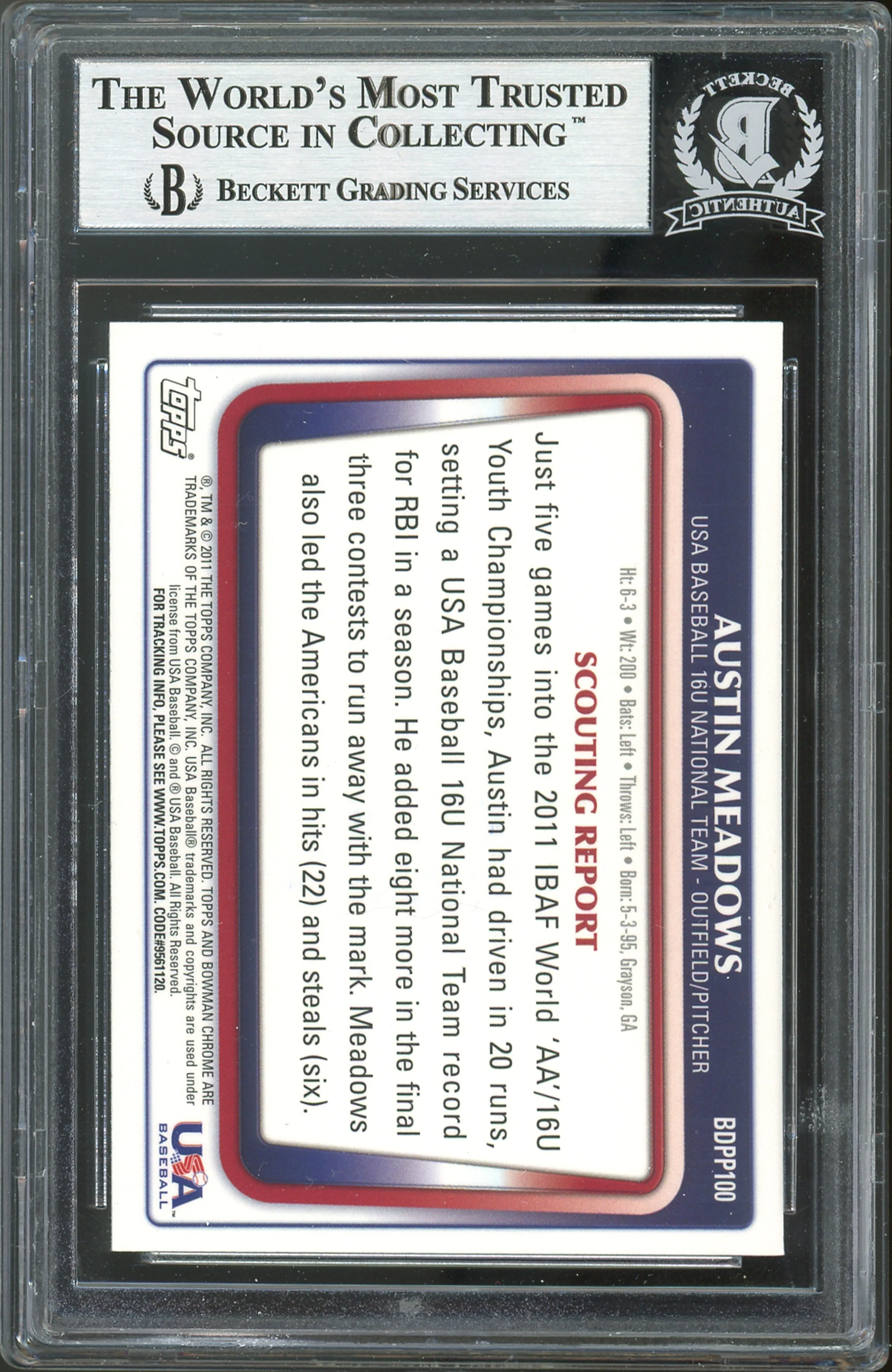 Rays Austin Meadows Signed 2011 Bowman Chrome DP #BDPP100 Card BAS Slabbed - Image 3