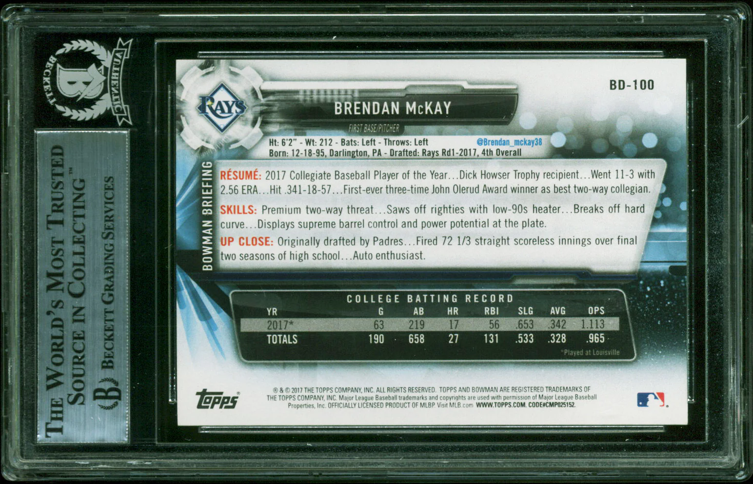 Rays Brendan McKay Authentic Signed 2017 Bowman Draft #BDC100 Card BAS Slabbed - Image 3