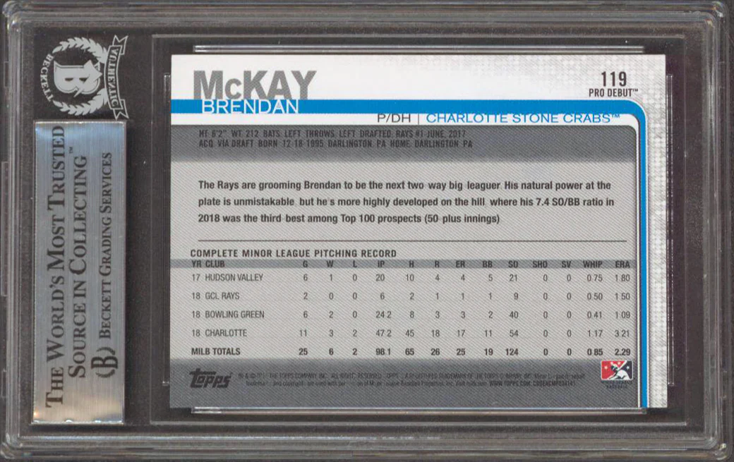 Rays Brendan McKay Authentic Signed 2019 Topps Pro Debut #119 RC BAS Slabbed - Image 3
