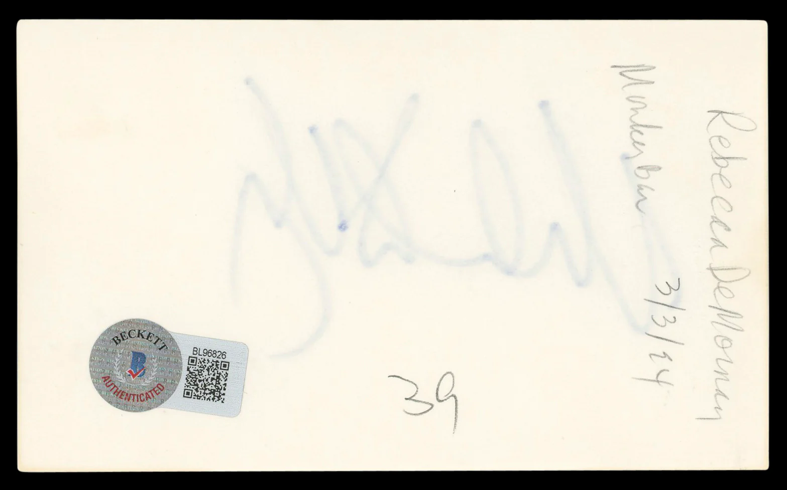 Rebecca De Mornay Risky Business Authentic Signed 3x5 Index Card BAS #BL96826 - Image 3