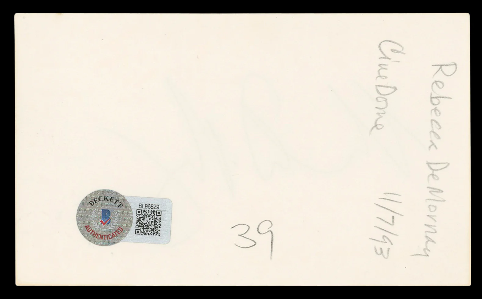 Rebecca De Mornay Risky Business Authentic Signed 3x5 Index Card BAS #BL96829 - Image 3