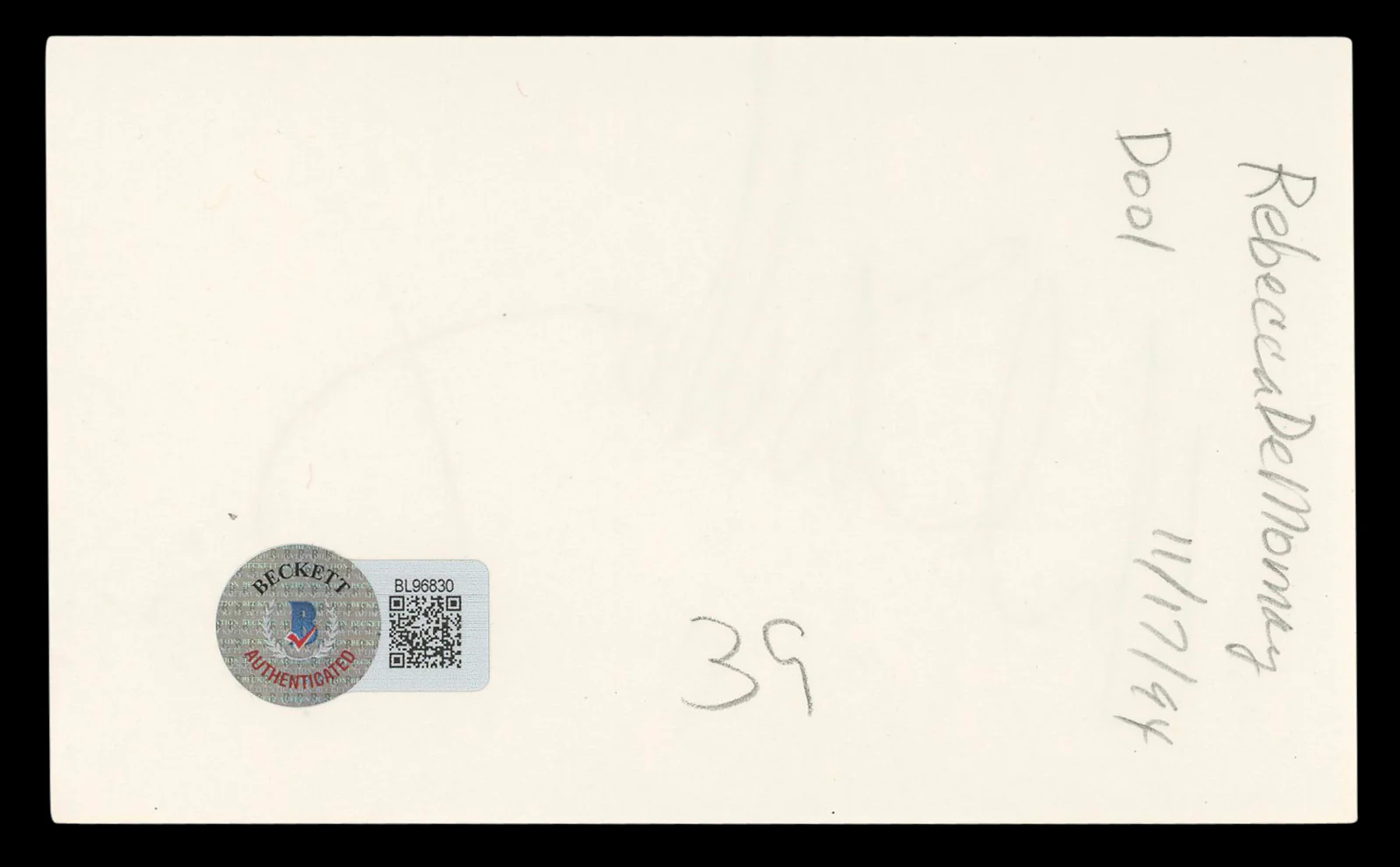 Rebecca De Mornay Risky Business Authentic Signed 3x5 Index Card BAS #BL96830 - Image 3