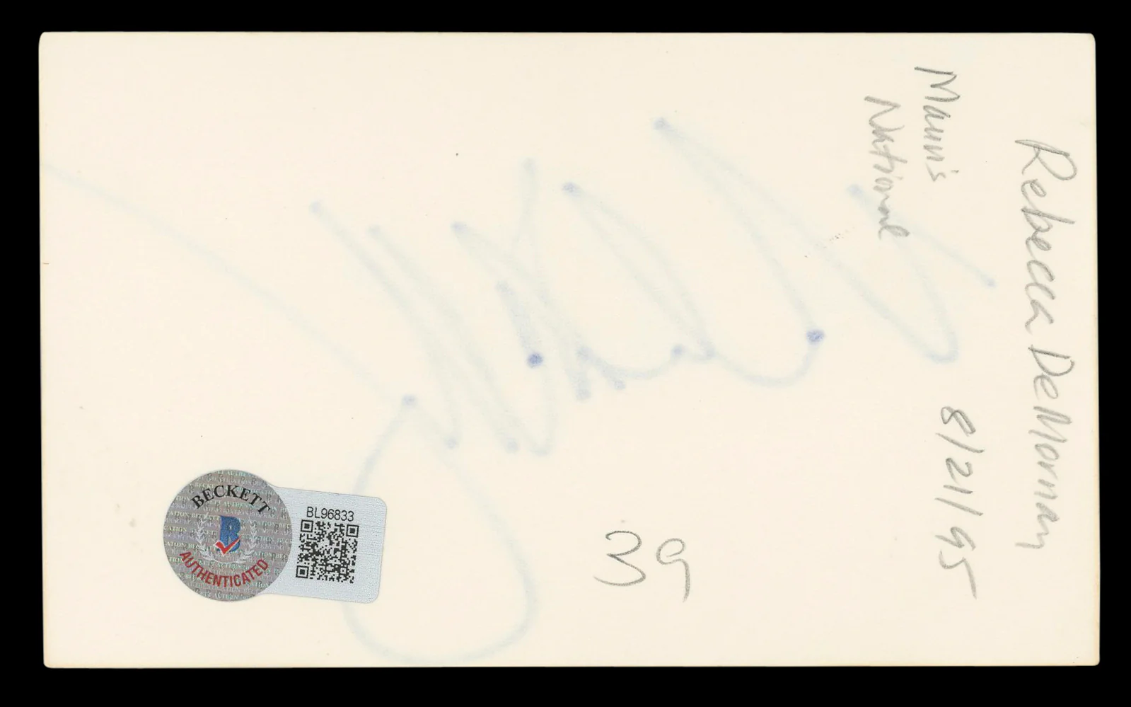 Rebecca De Mornay Risky Business Authentic Signed 3x5 Index Card BAS #BL96833 - Image 3