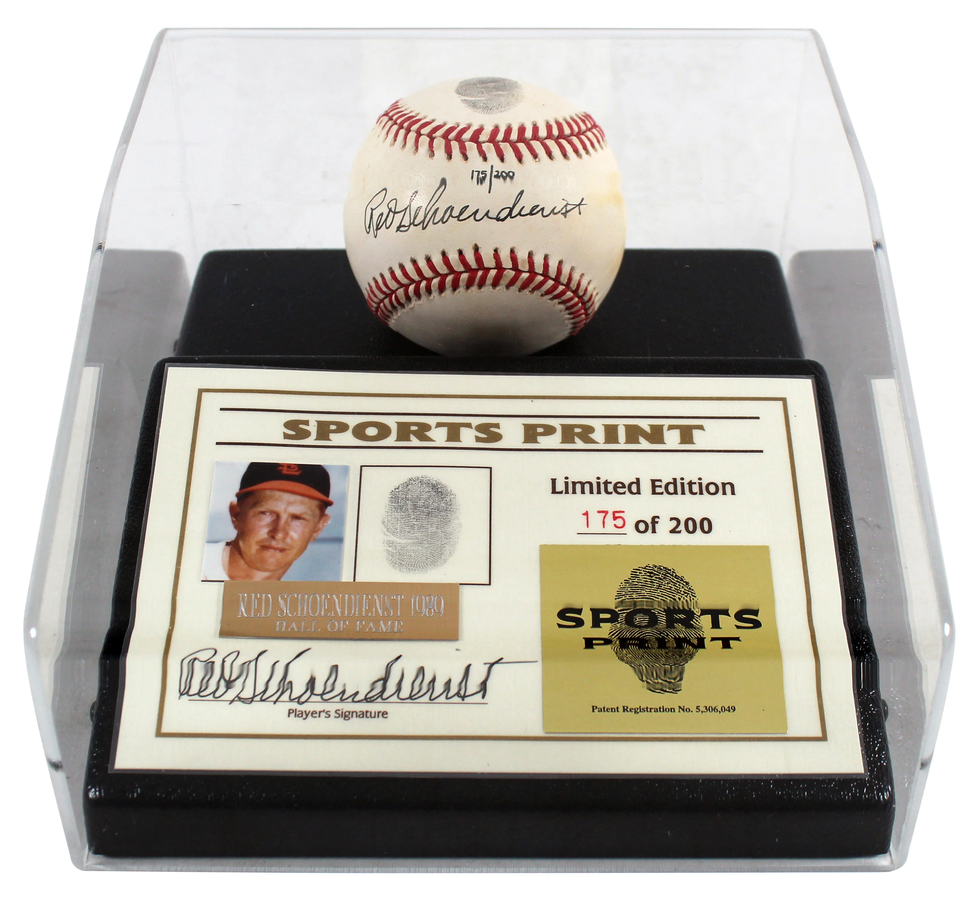 Red Schoendienst Signed Thumbprint Baseball LE #'d/200 w/ Display Case BAS - Image 2