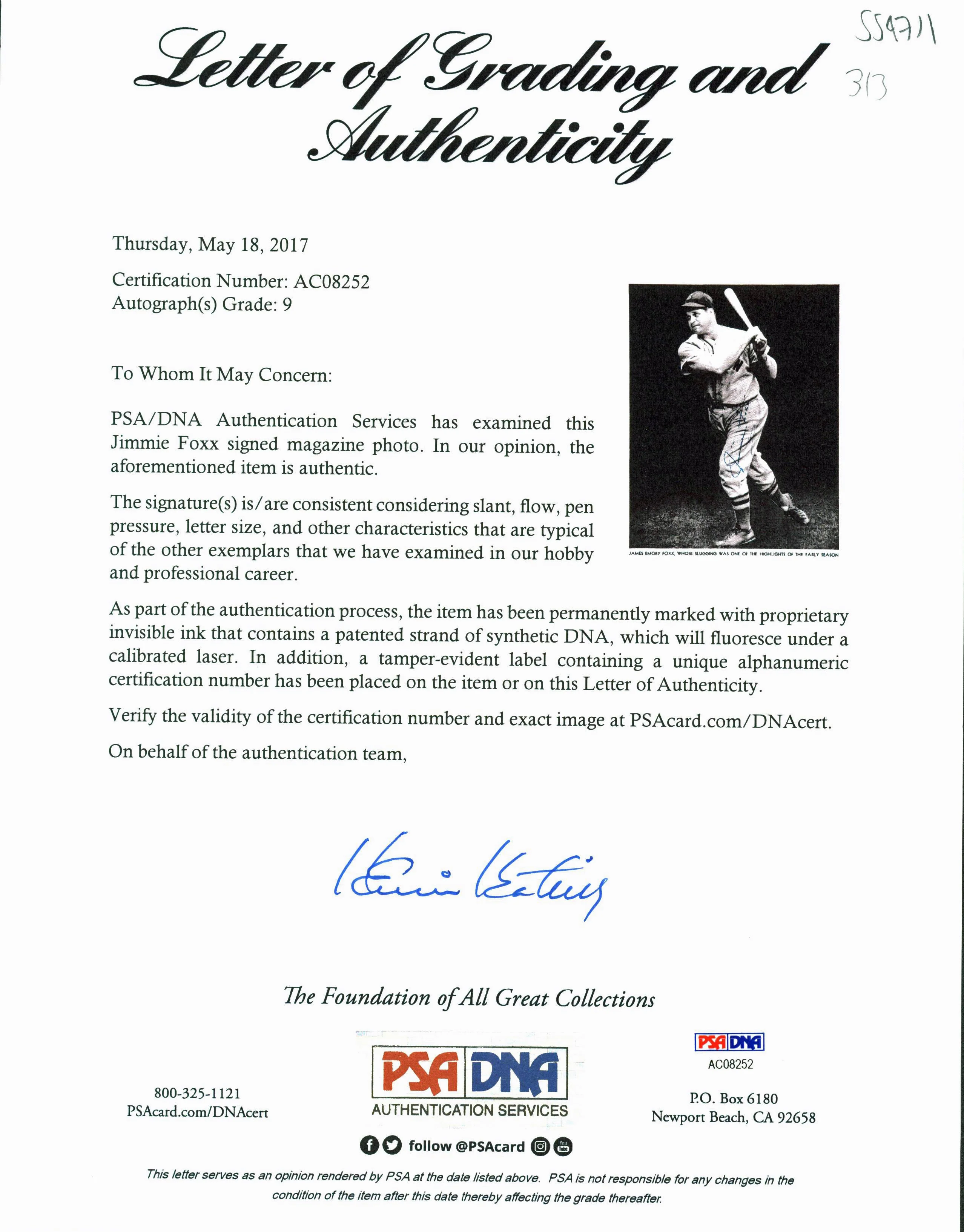 Red Sox Jimmie Foxx Signed B&W 8.5x11 Photo Auto Graded Mint 9! PSA #AC08252 - Image 3