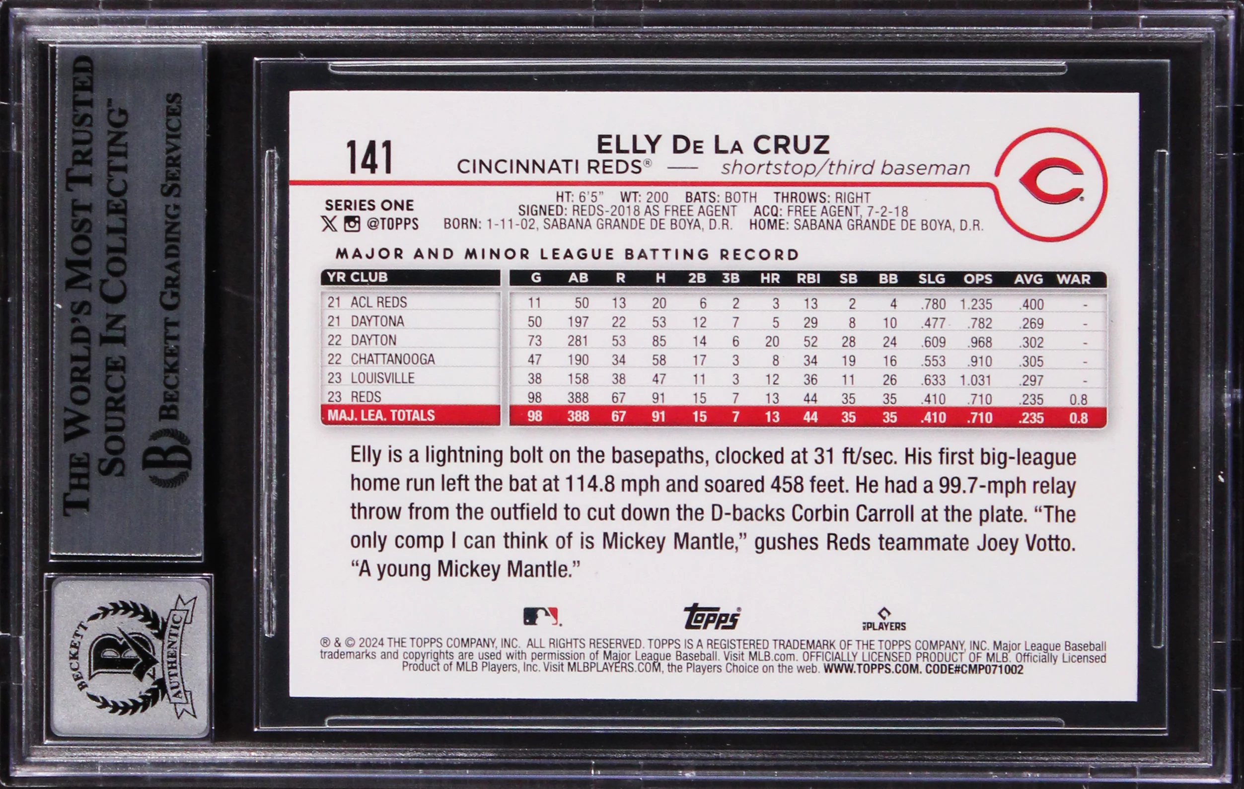 Reds Elly De La Cruz Signed 2024 Topps #141 Rookie Card Auto 10! BAS Slabbed - Image 3