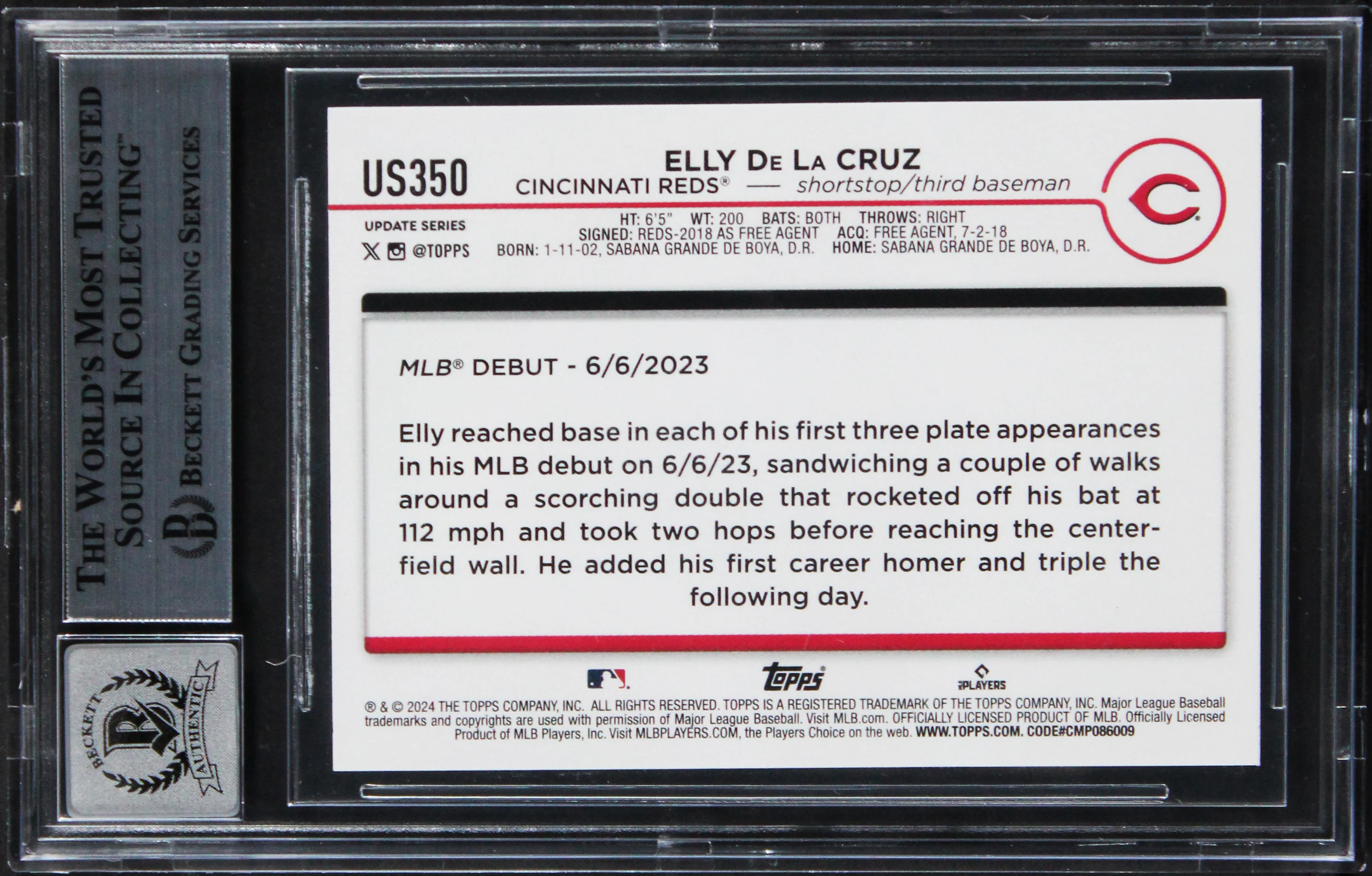 Reds Elly De La Cruz Signed 2024 Topps Update #US350 RC Card Auto 10! BAS Slab - Image 3