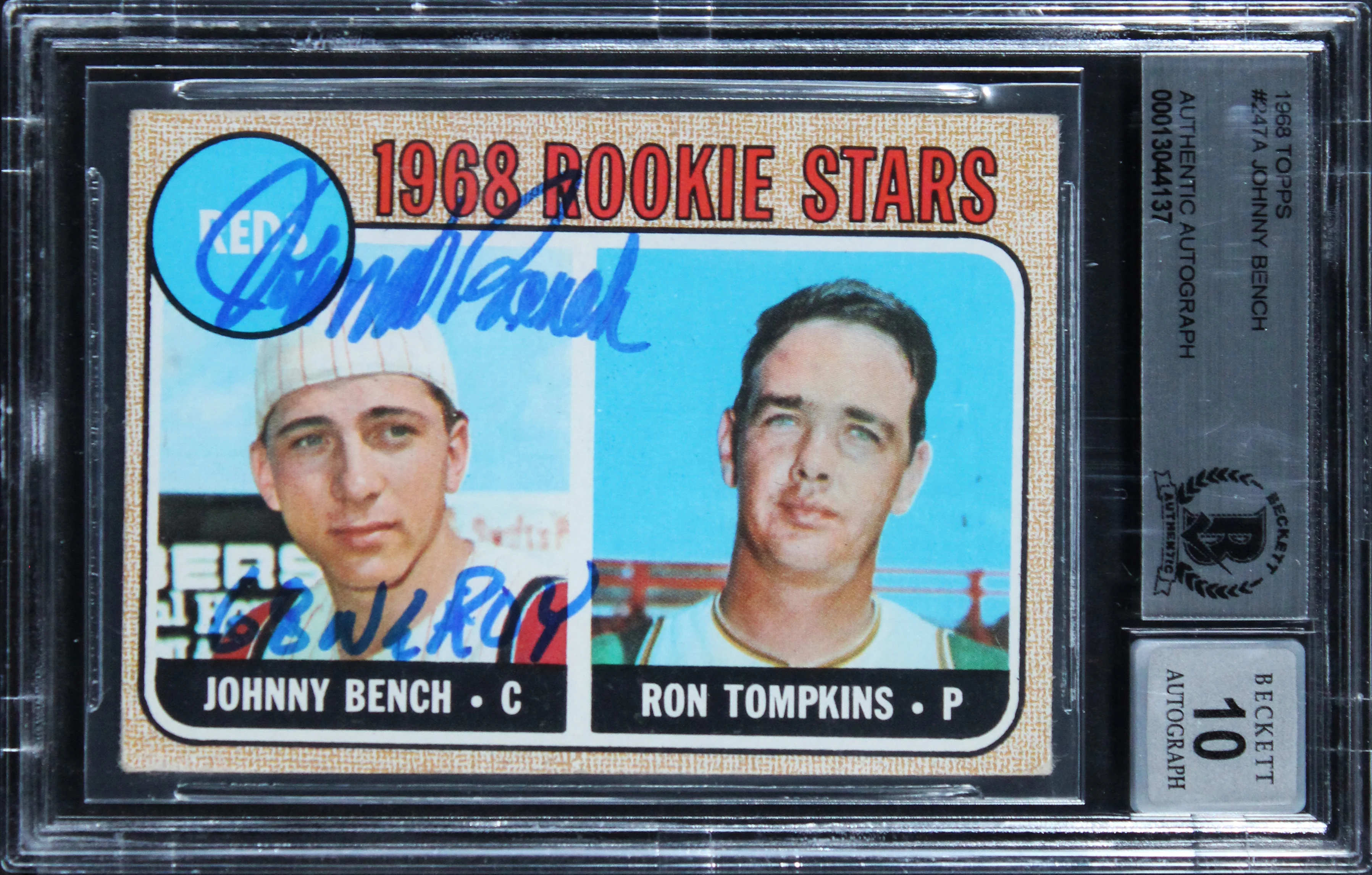 Reds Johnny Bench "68 NL ROY" Signed 1968 Topps #274A RC Card Auto 10! BAS Slab - Image 2