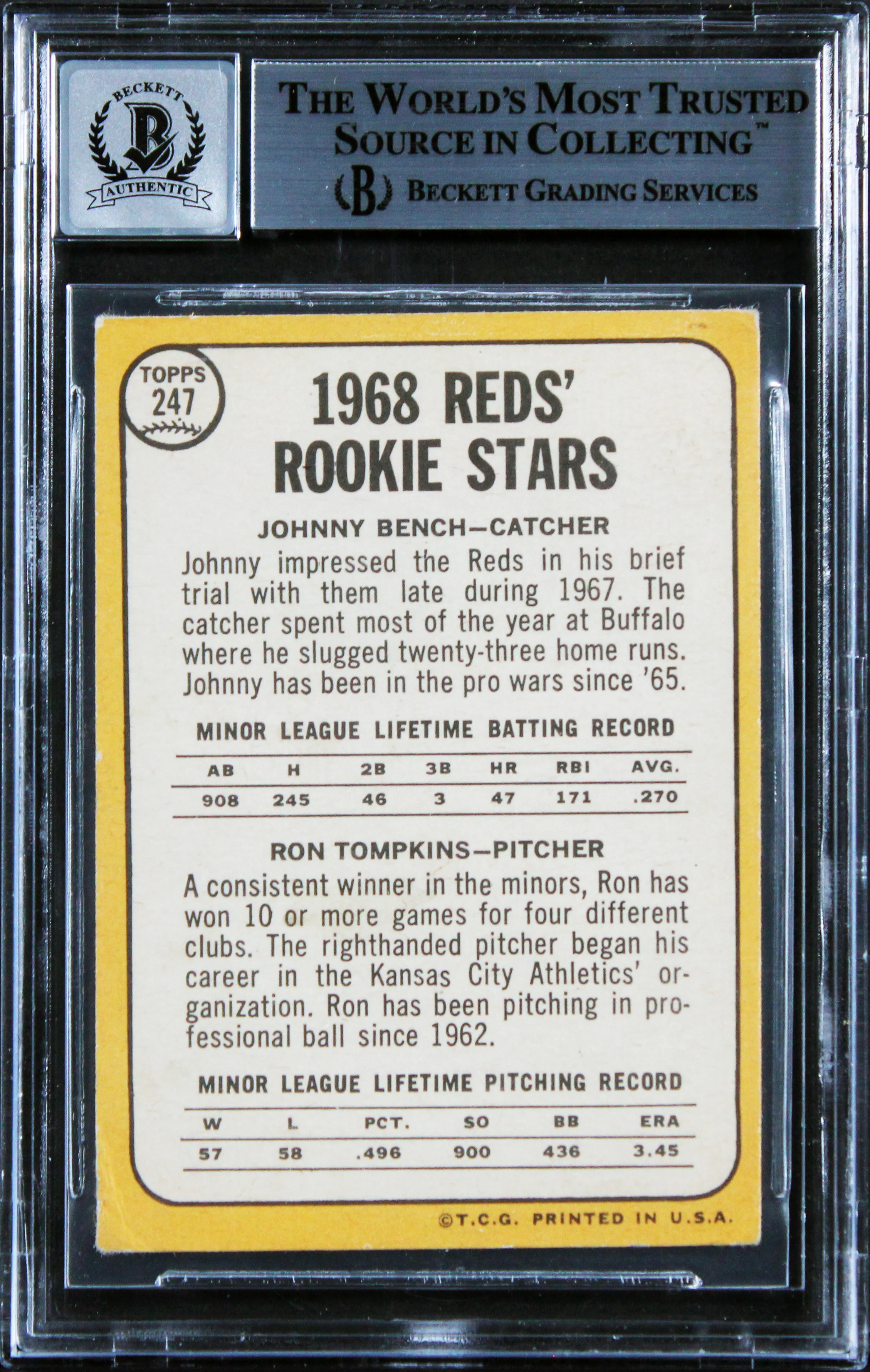 Reds Johnny Bench "68 NL ROY" Signed 1968 Topps #274A RC Card Auto 10! BAS Slab - Image 3