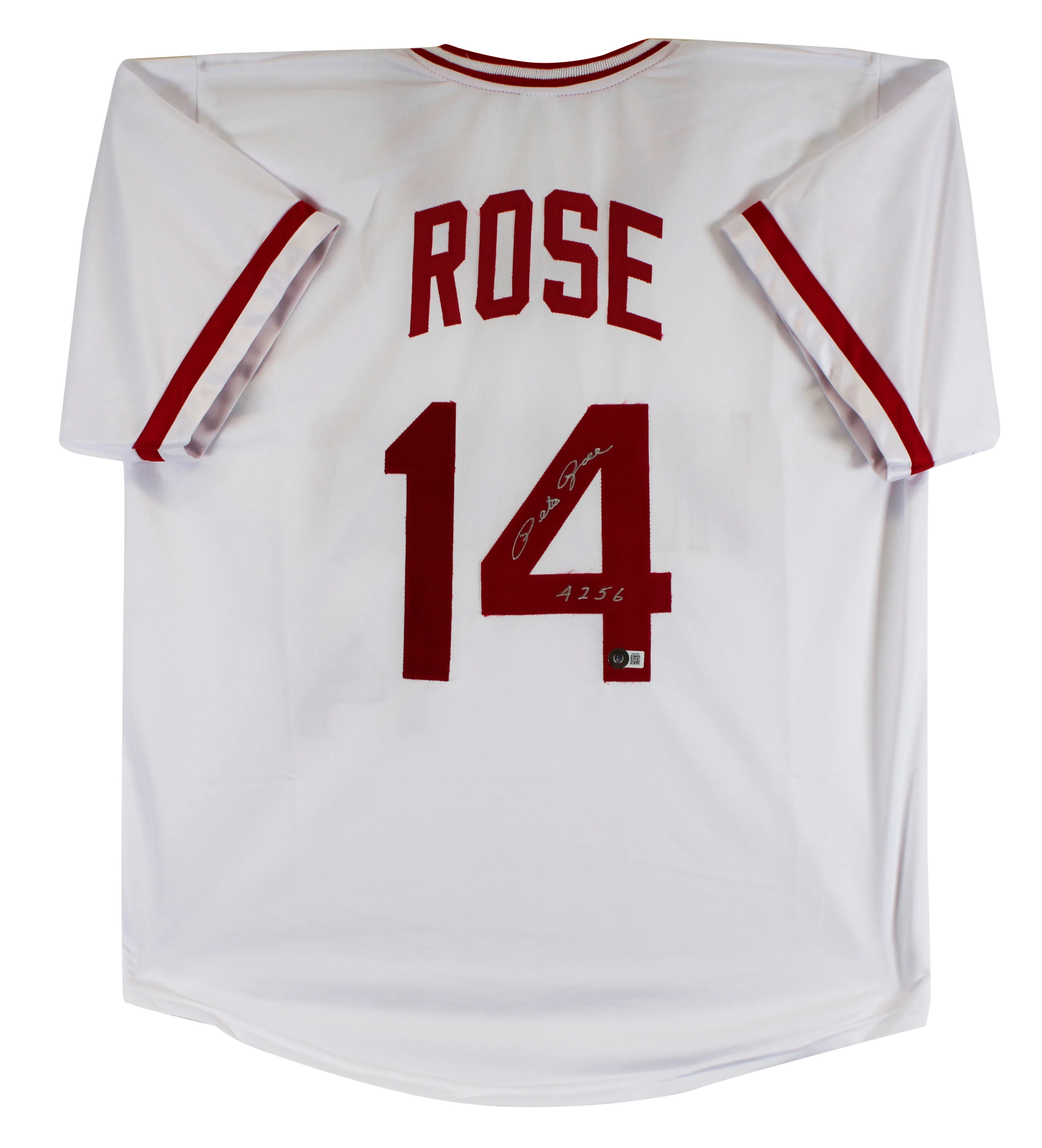 Reds Pete Rose "4256" Authentic Signed White Pro Style Jersey Autographed BAS 5 - Image 2