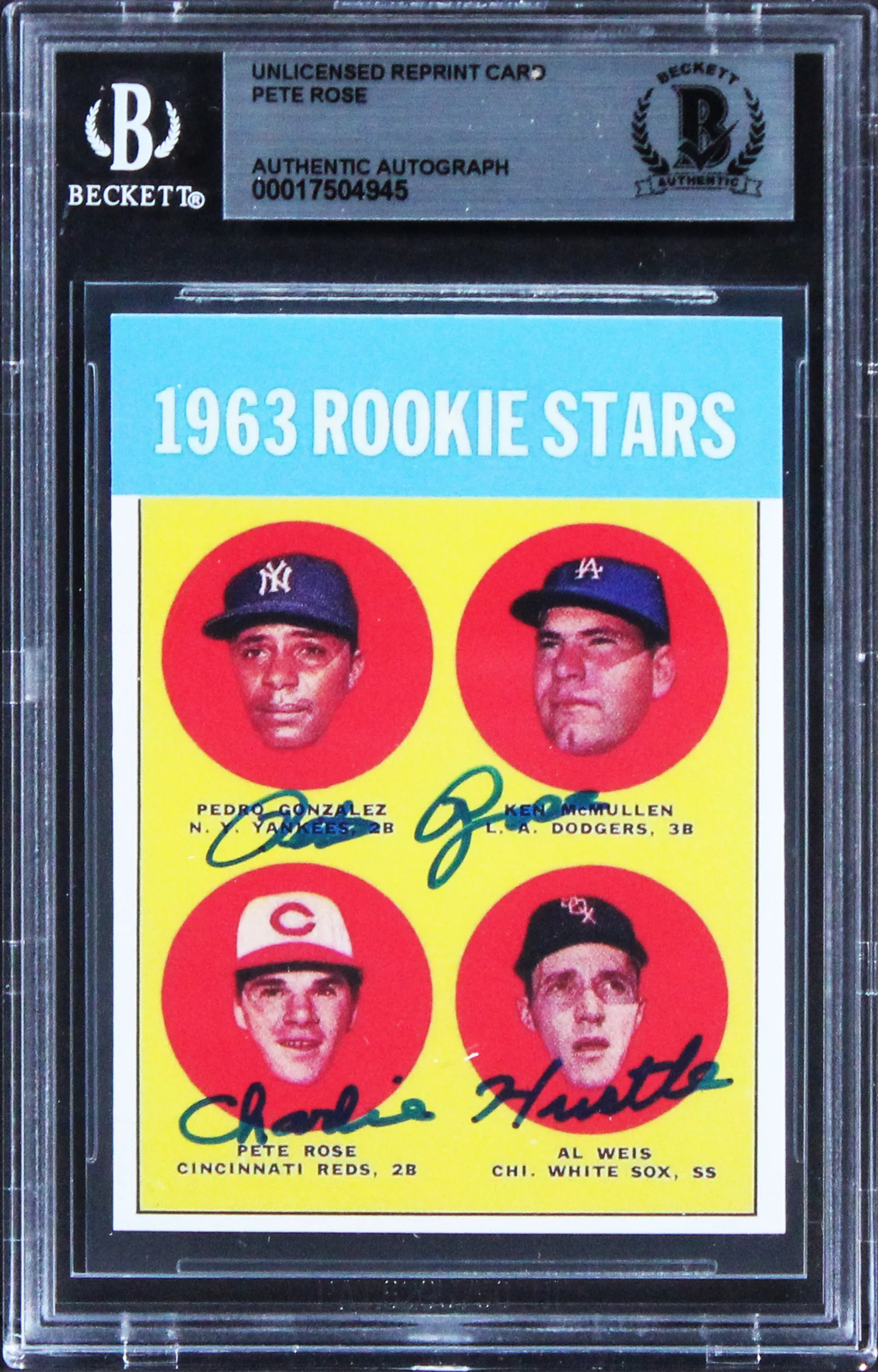 Reds Pete Rose "Charlie Hustle" Signed 1963 Rookie Reprint Card BAS Slabbed - Image 2