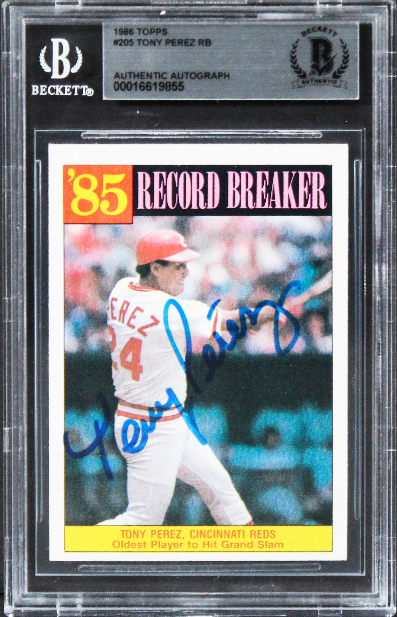 Reds Tony Perez Authentic Signed 1986 Topps #205 Card Autographed BAS Slabbed - Image 2