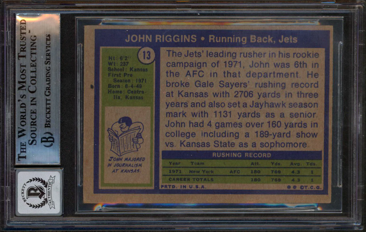 Redskins John Riggins Signed 1972 Topps #13 Card Auto Graded Mint 10! BAS Slab - Image 3