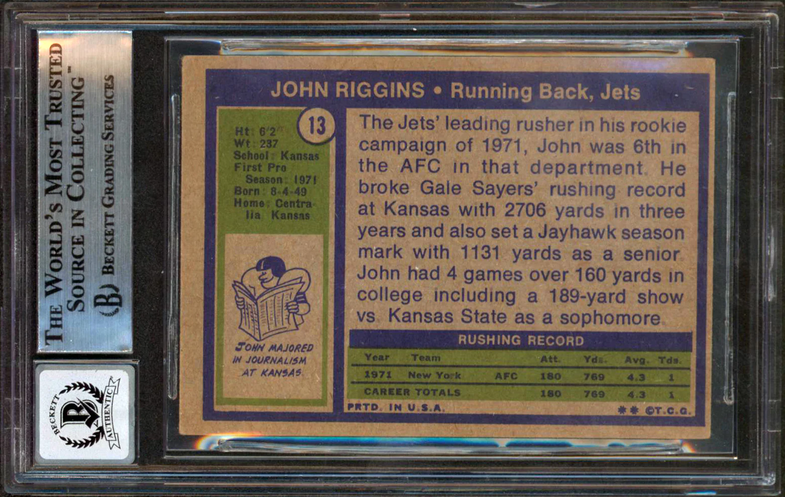 Redskins John Riggins Signed 1972 Topps 13 Card Auto Graded Mint 10! BAS Slabbed - Image 3