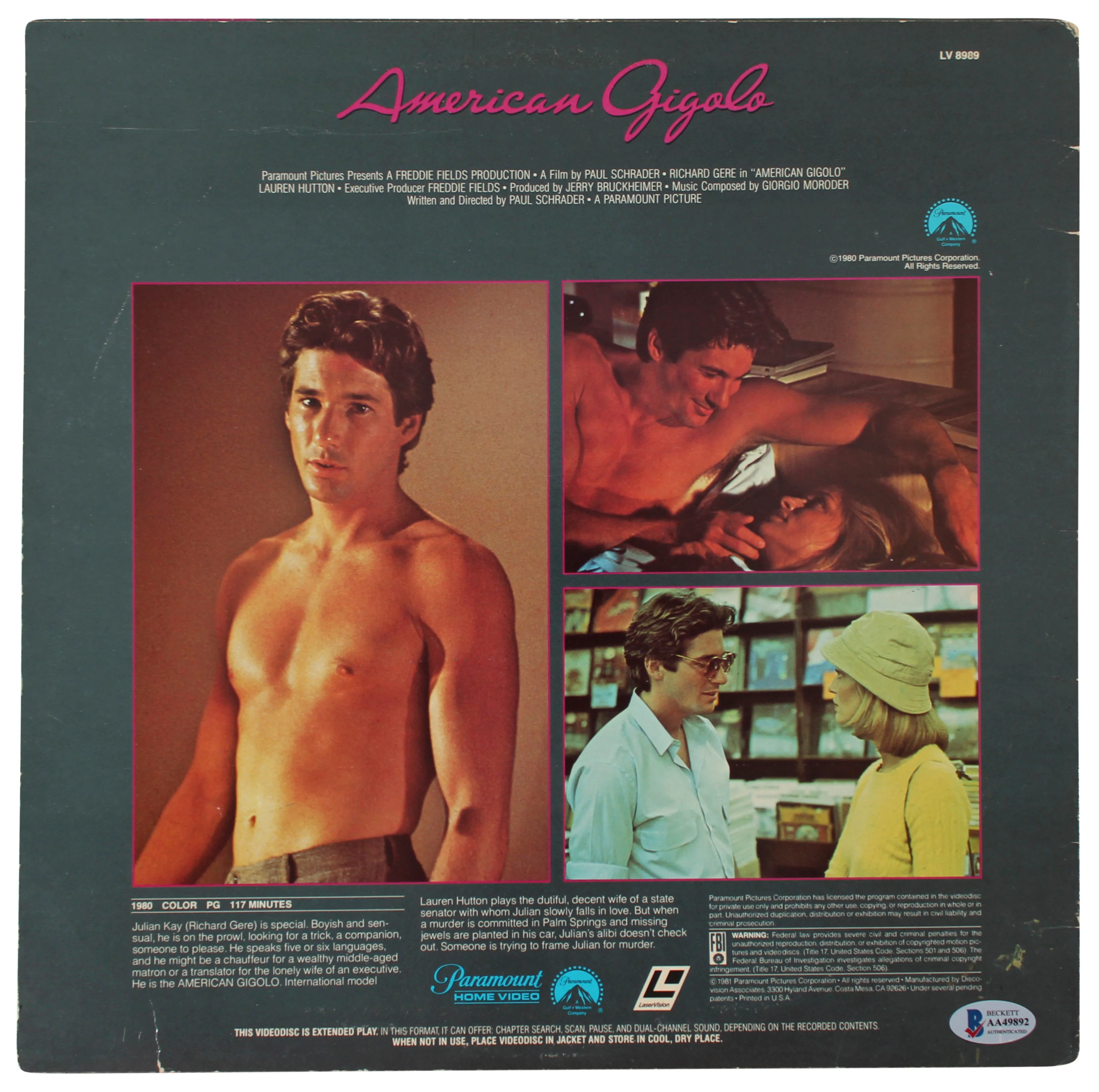 Richard Gere Signed American Gigolo Laserdisc Cover w/o Disk BAS #AA49892 - Image 4
