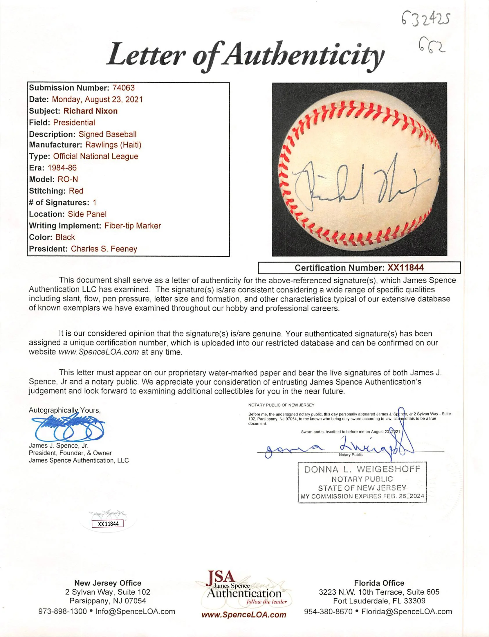 Richard Nixon Authentic Signed Charles Feeney Onl Baseball JSA #XX11844 - Image 8