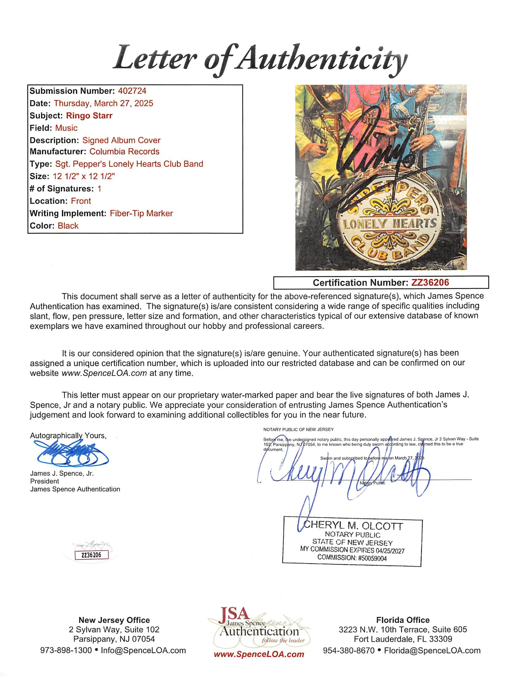Ringo Starr The Beatles Signed & Framed Sgt. Pepper's Album Cover JSA #ZZ36206 - Image 4