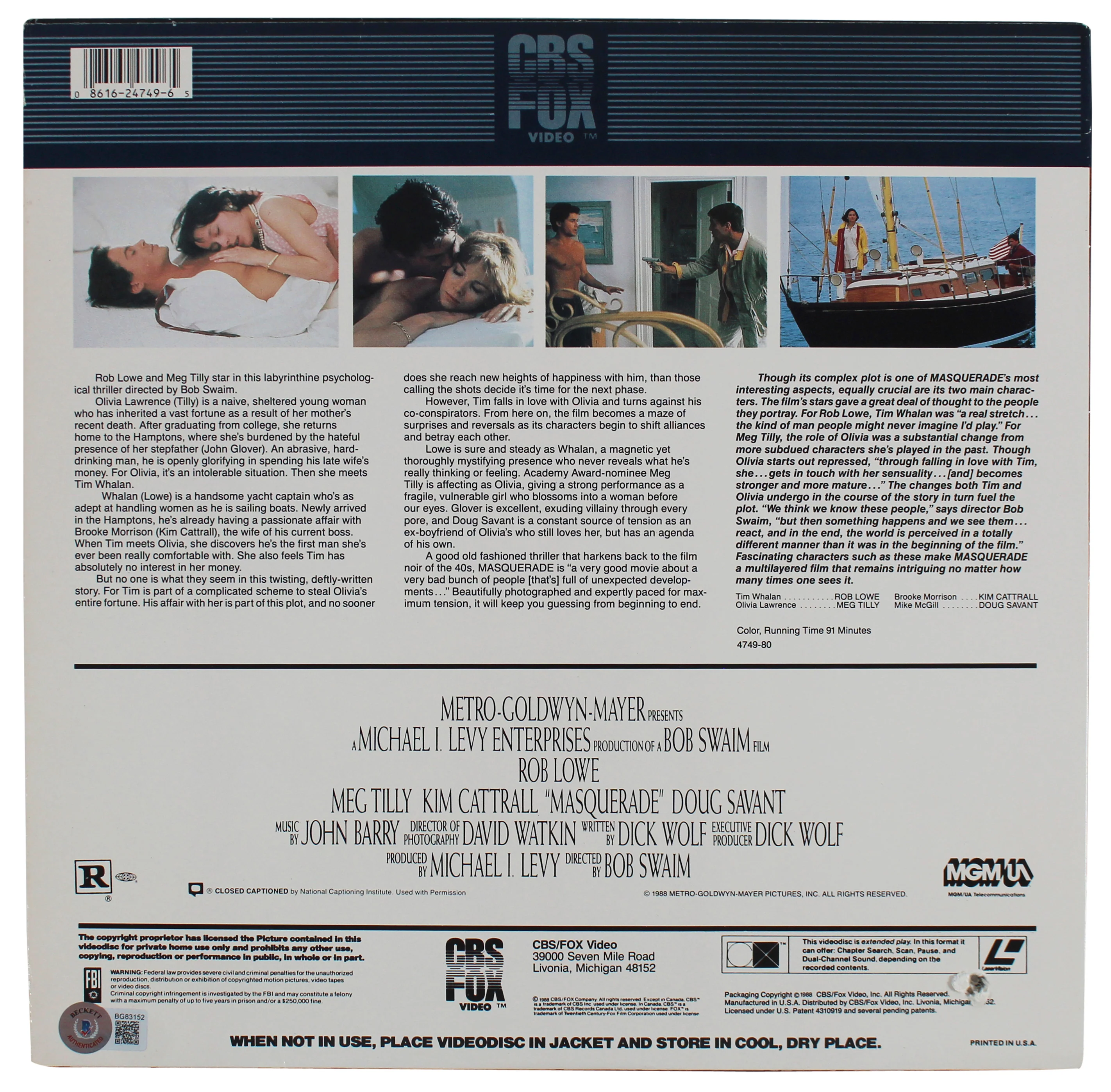 Rob Lowe Authentic Signed Masquerade Laserdisc Without Disc BAS #BG83152 - Image 4