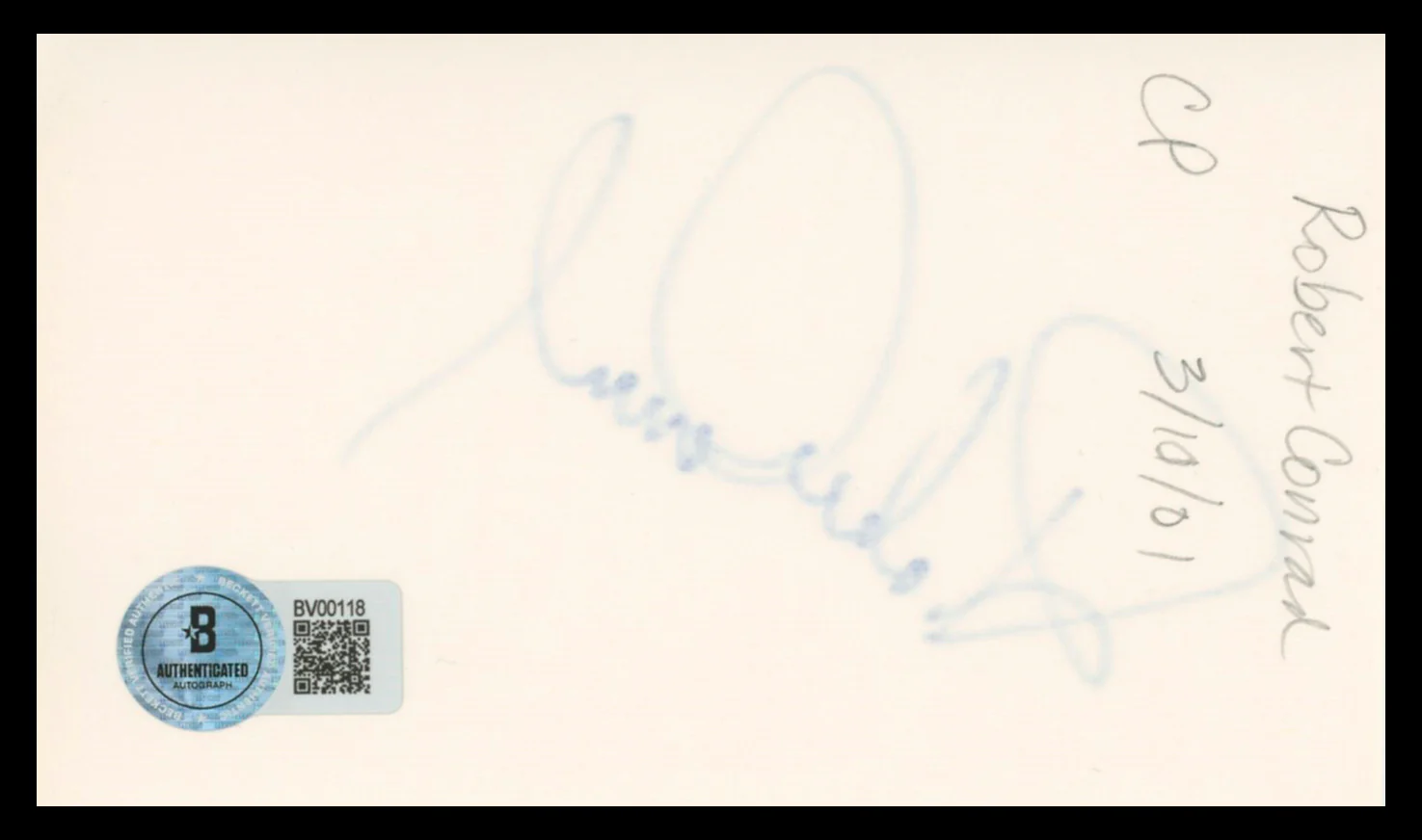 Robert Conrad The Wild Wild West Authentic Signed 3x5 Index Card BAS #BV00118 - Image 3