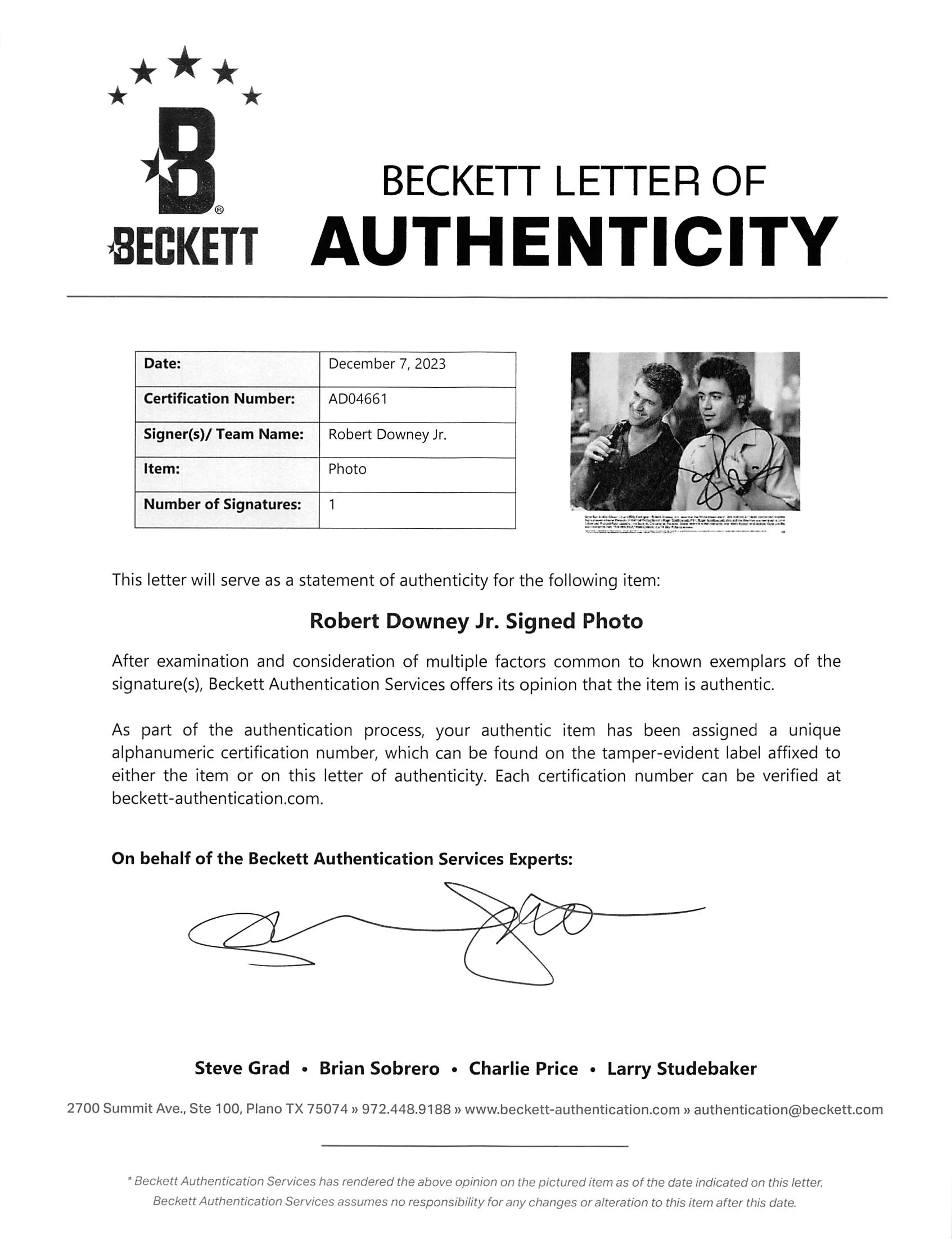 Robert Downey Jr. Air America Authentic Signed 8x10 B&W Photo BAS #AD04661 - Image 3