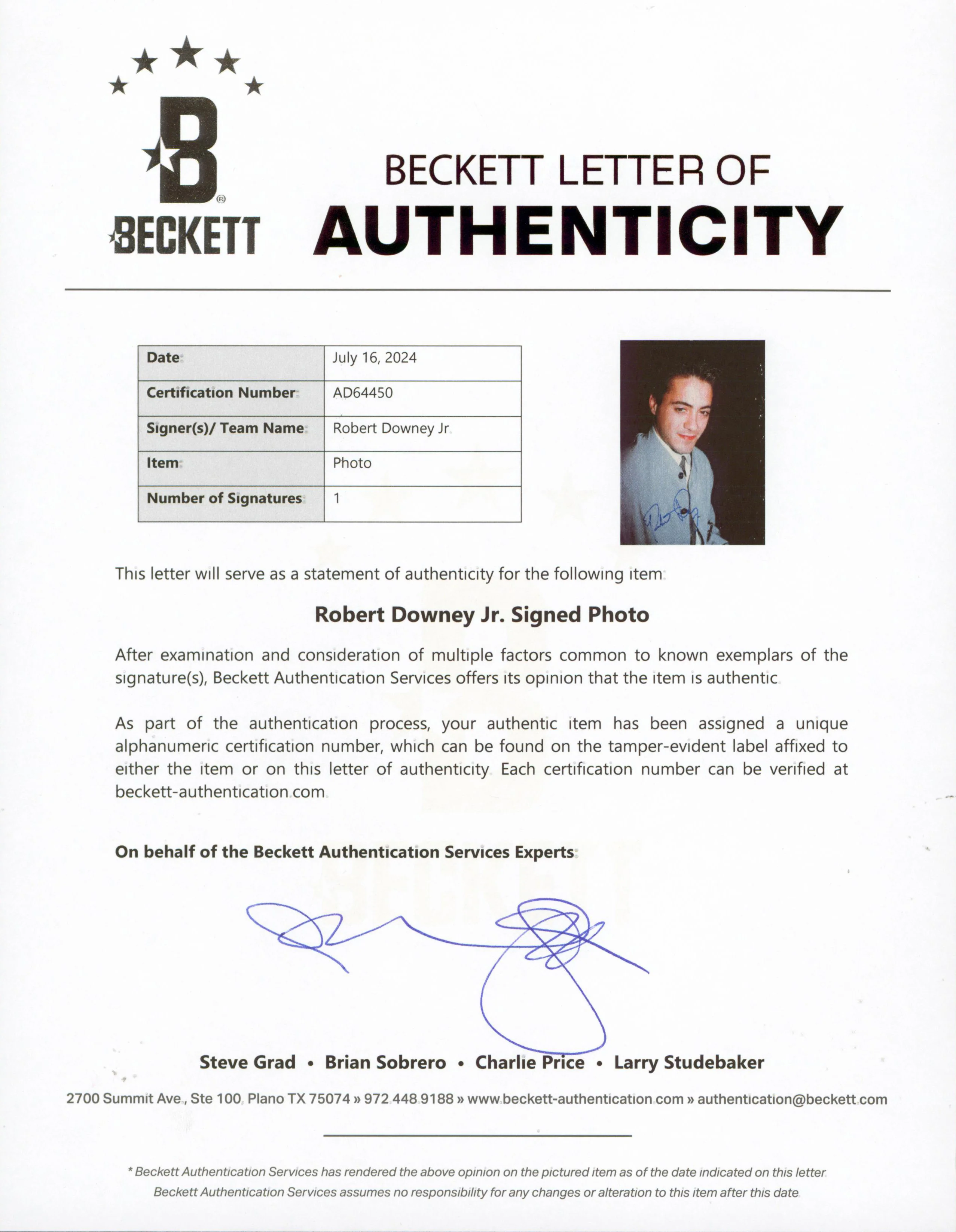 Robert Downey Jr. The Pick-up Artist Signed 7x10 Photo Autographed BAS #AD64450 - Image 4