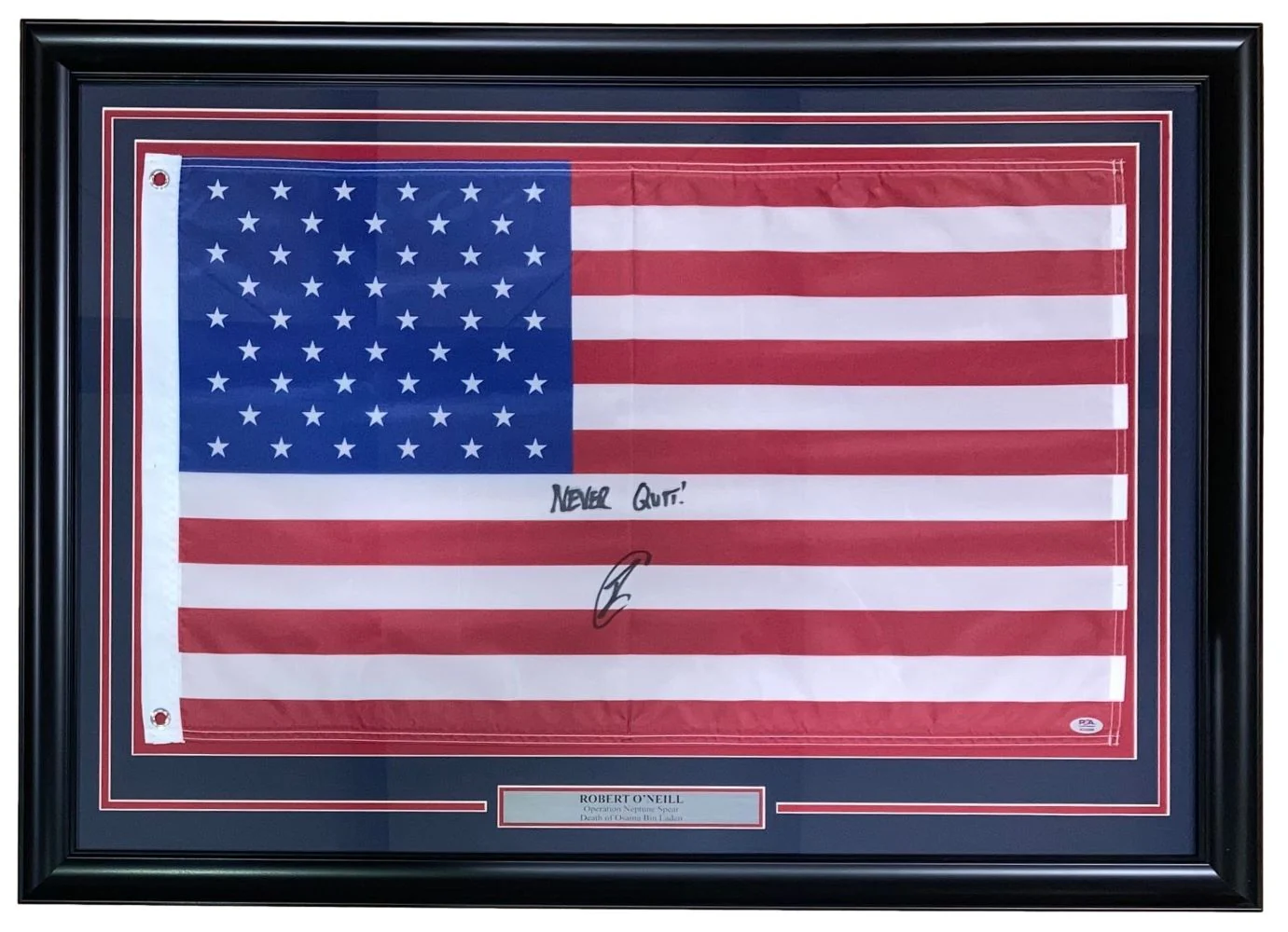 Robert O'Neill Signed Framed American Flag 34x46 Never Quit Inscribed PSA ITP Hologram