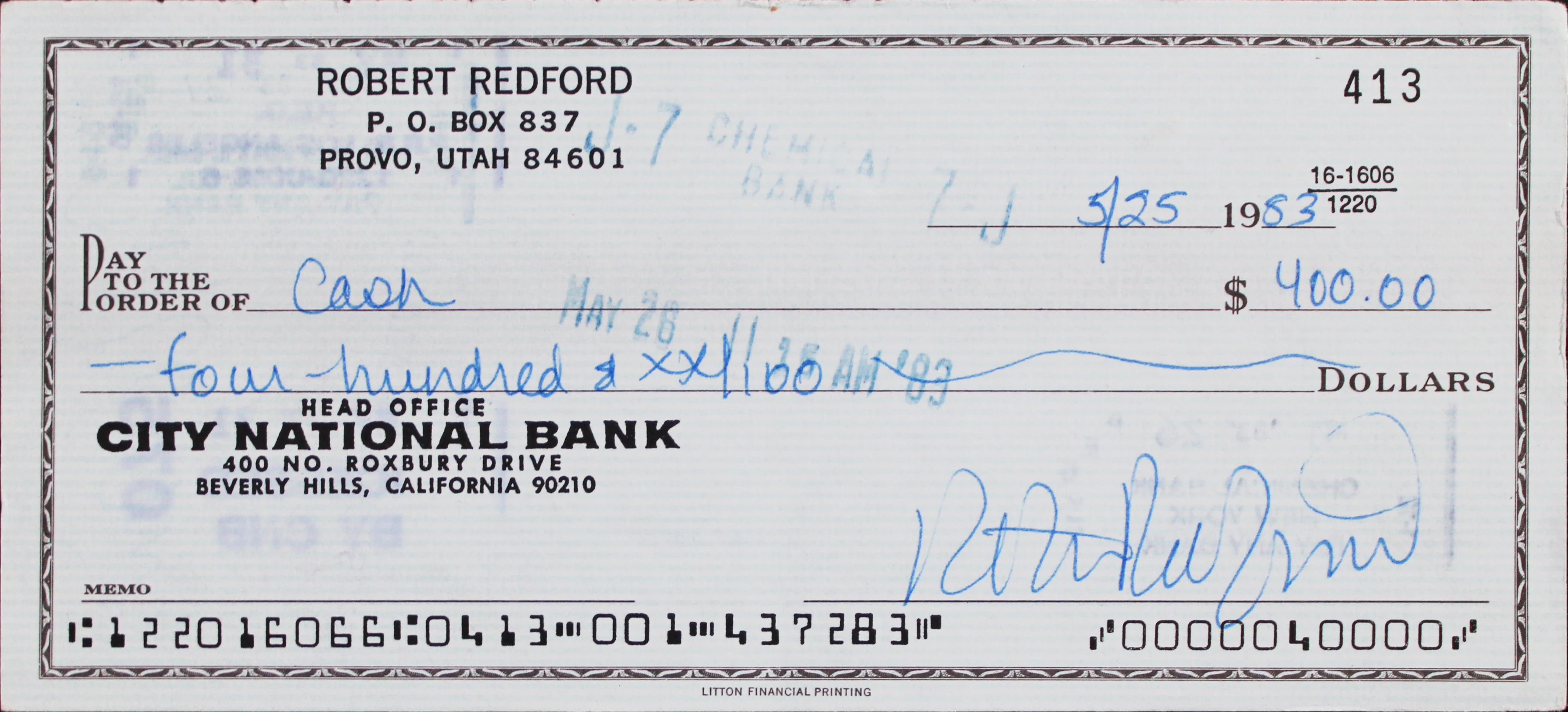 Robert Redford Authentic Double Signed 2.5x6 1983 Personal Check BAS #AE13625 - Image 2
