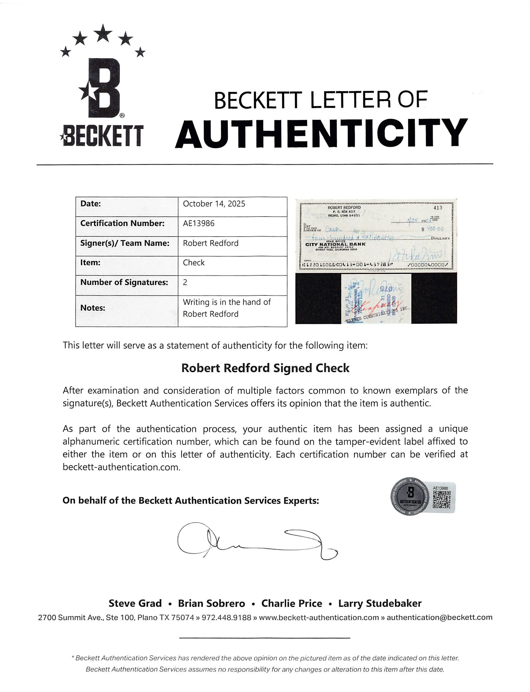 Robert Redford Authentic Double Signed 2.5x6 1983 Personal Check BAS #AE13625 - Image 4