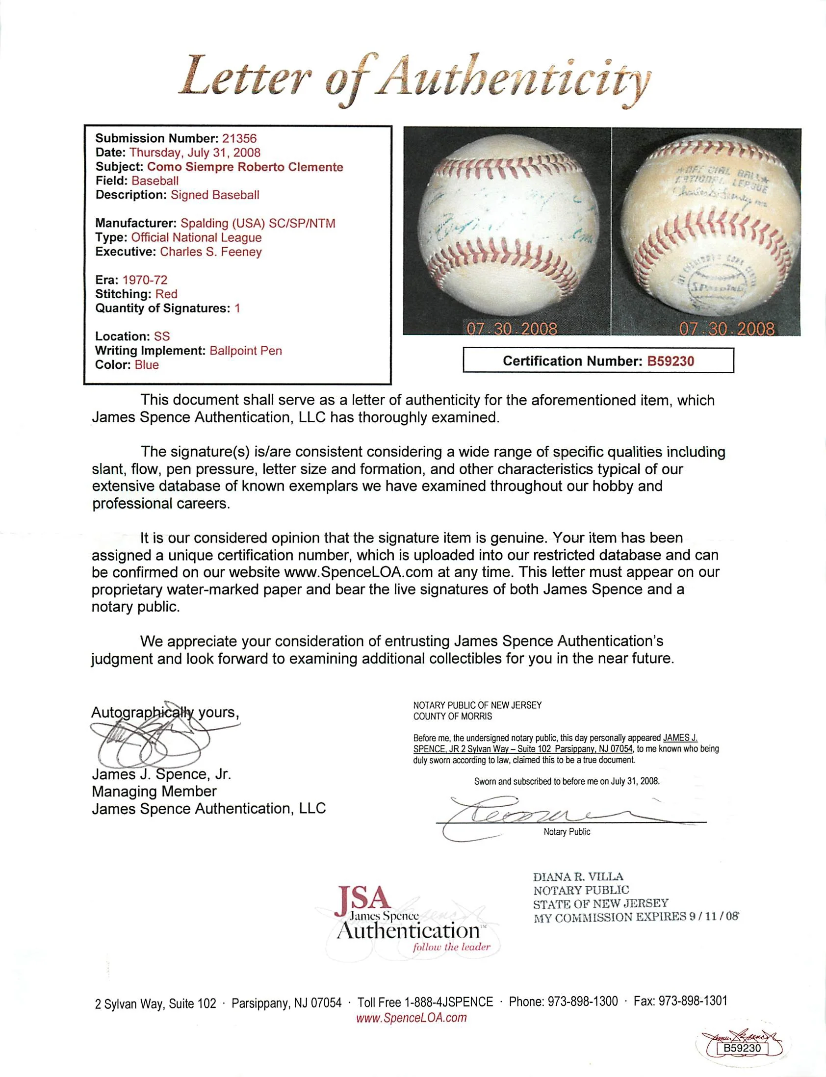 Roberto Clemente "Como Siempre" Single Signed ONL Feeney Baseball JSA #B59230 - Image 9