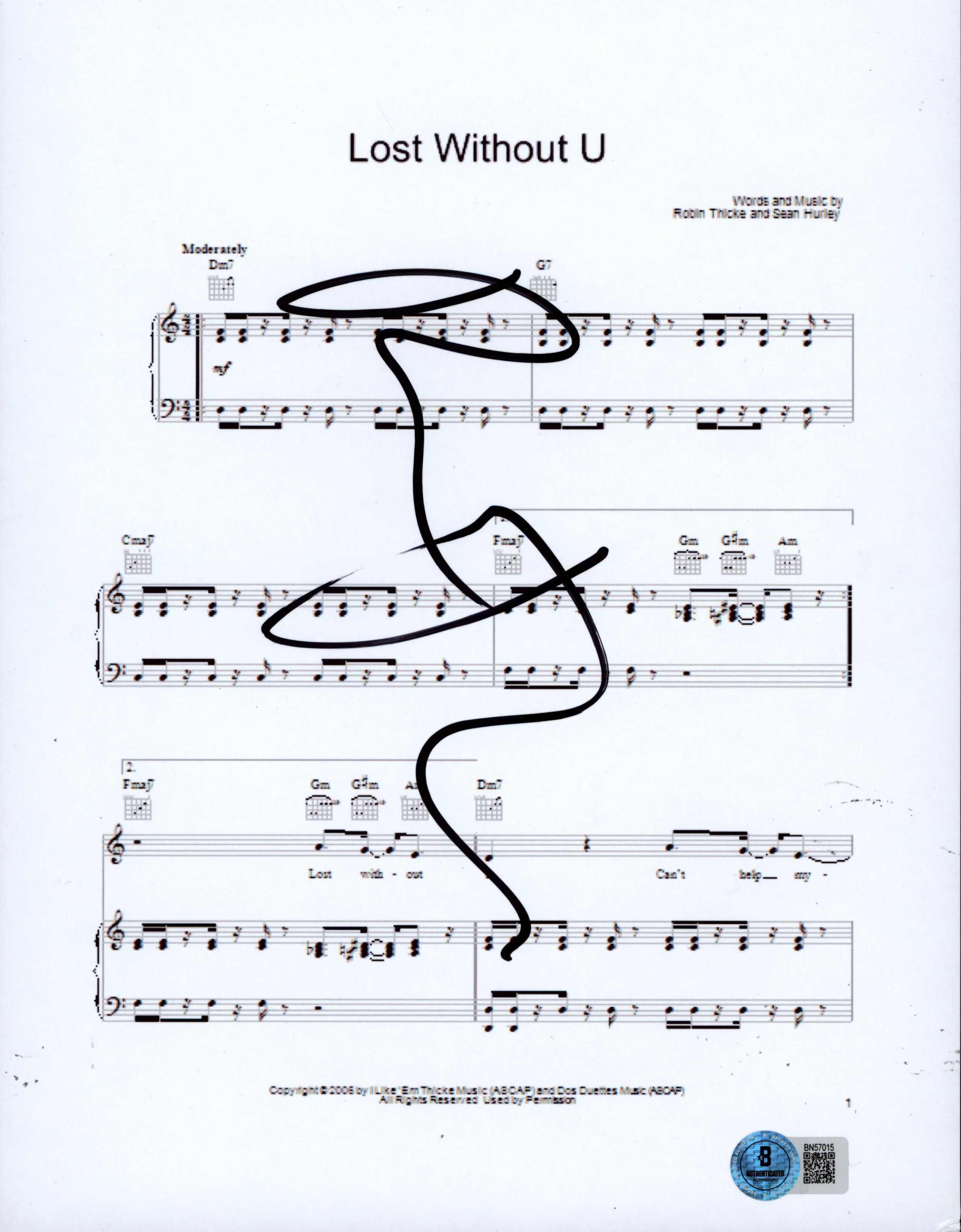 Robin Thicke Lost Without U Signed 8.5x11 Music Sheet Photo BAS #BN57015 - Image 2